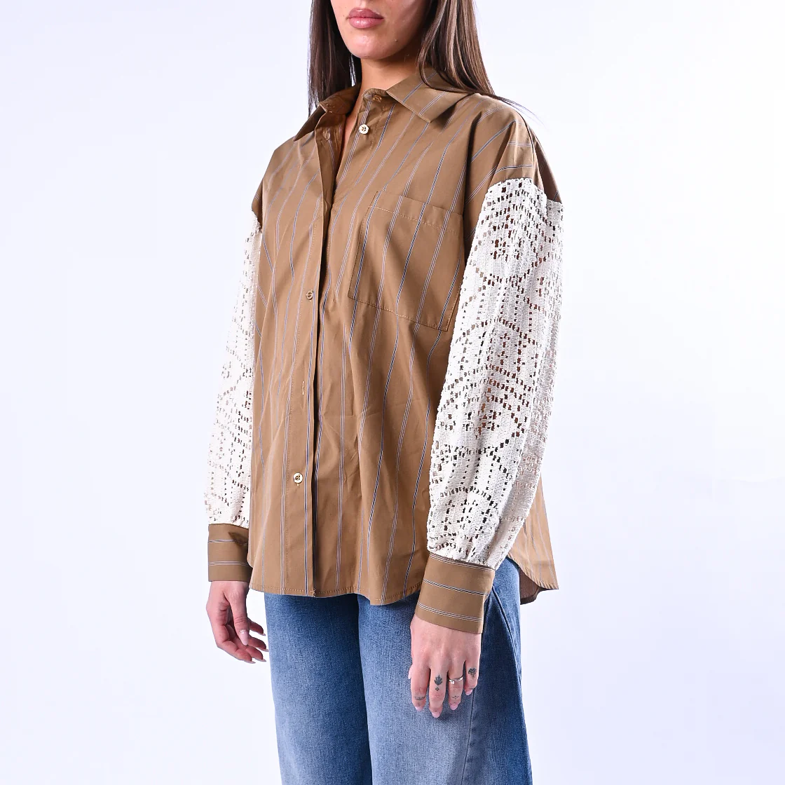 TENSIONE IN - CAMICIA CON INSERTI PIZZO ART.260059 - MORO/PANNA - Image 3