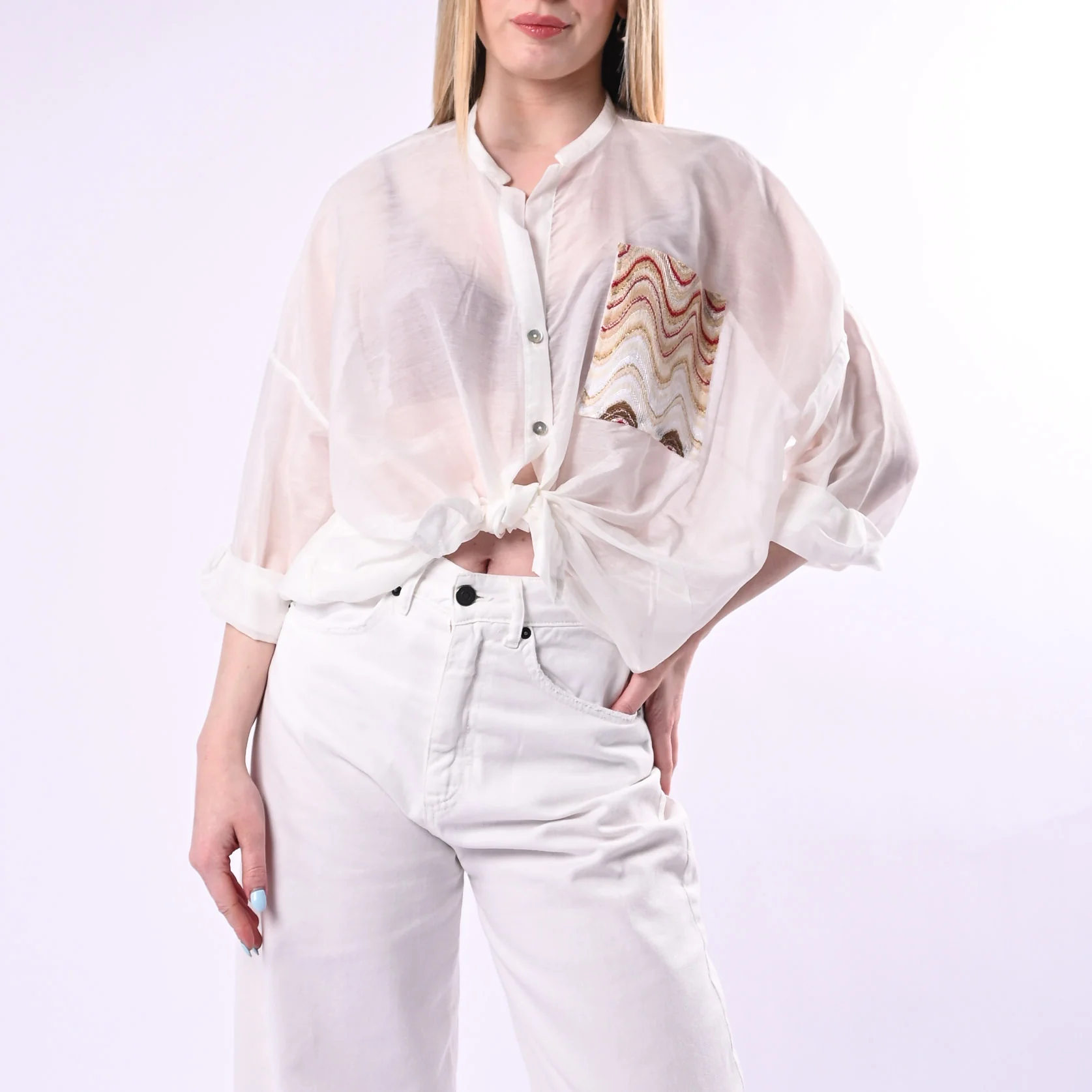 TENSIONE IN - CAMICIA OVER MISTO SETA CON TASCA DECORATA ART. S26CG14/PR - PANNA/ROSSO