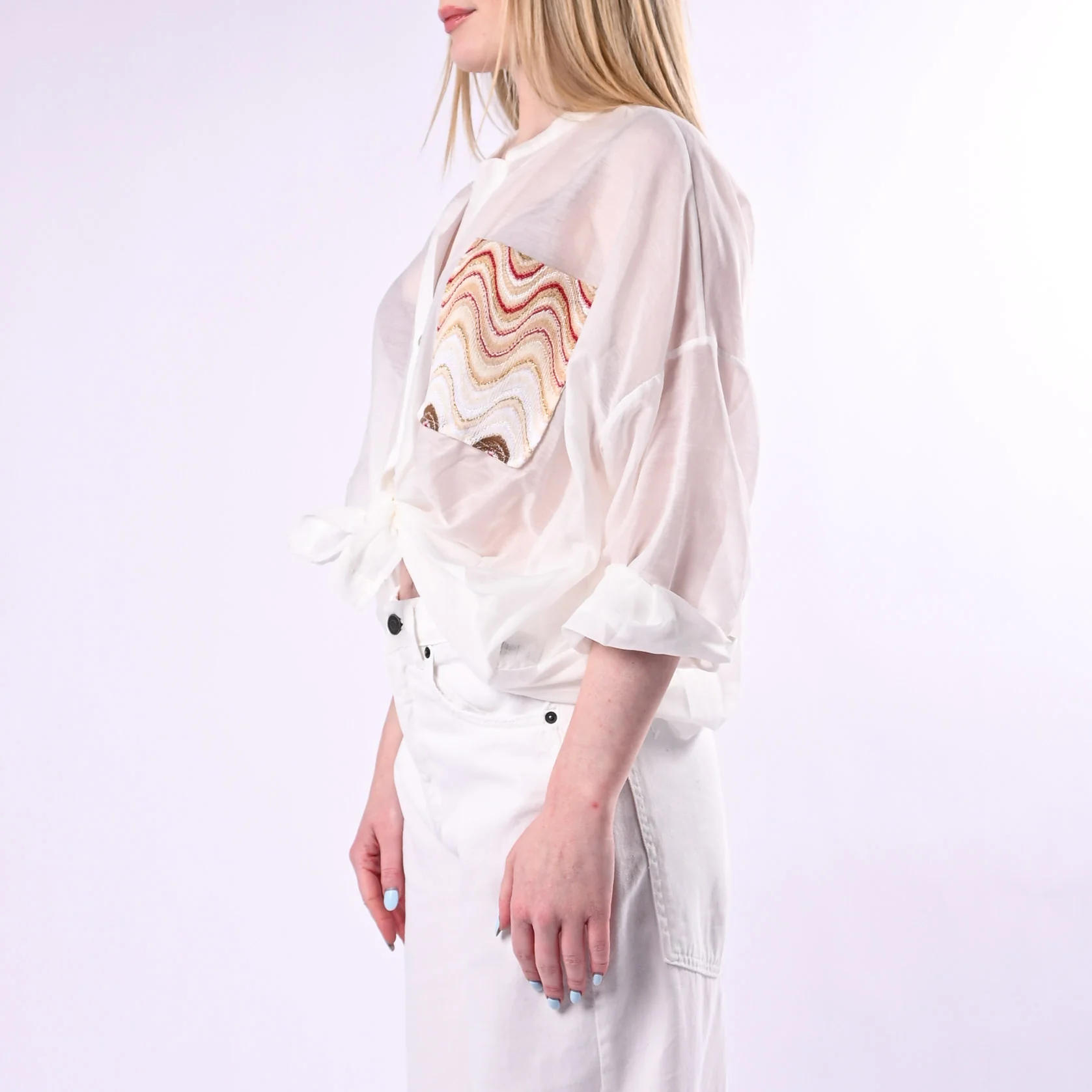 TENSIONE IN - CAMICIA OVER MISTO SETA CON TASCA DECORATA ART. S26CG14/PR - PANNA/ROSSO - Image 3