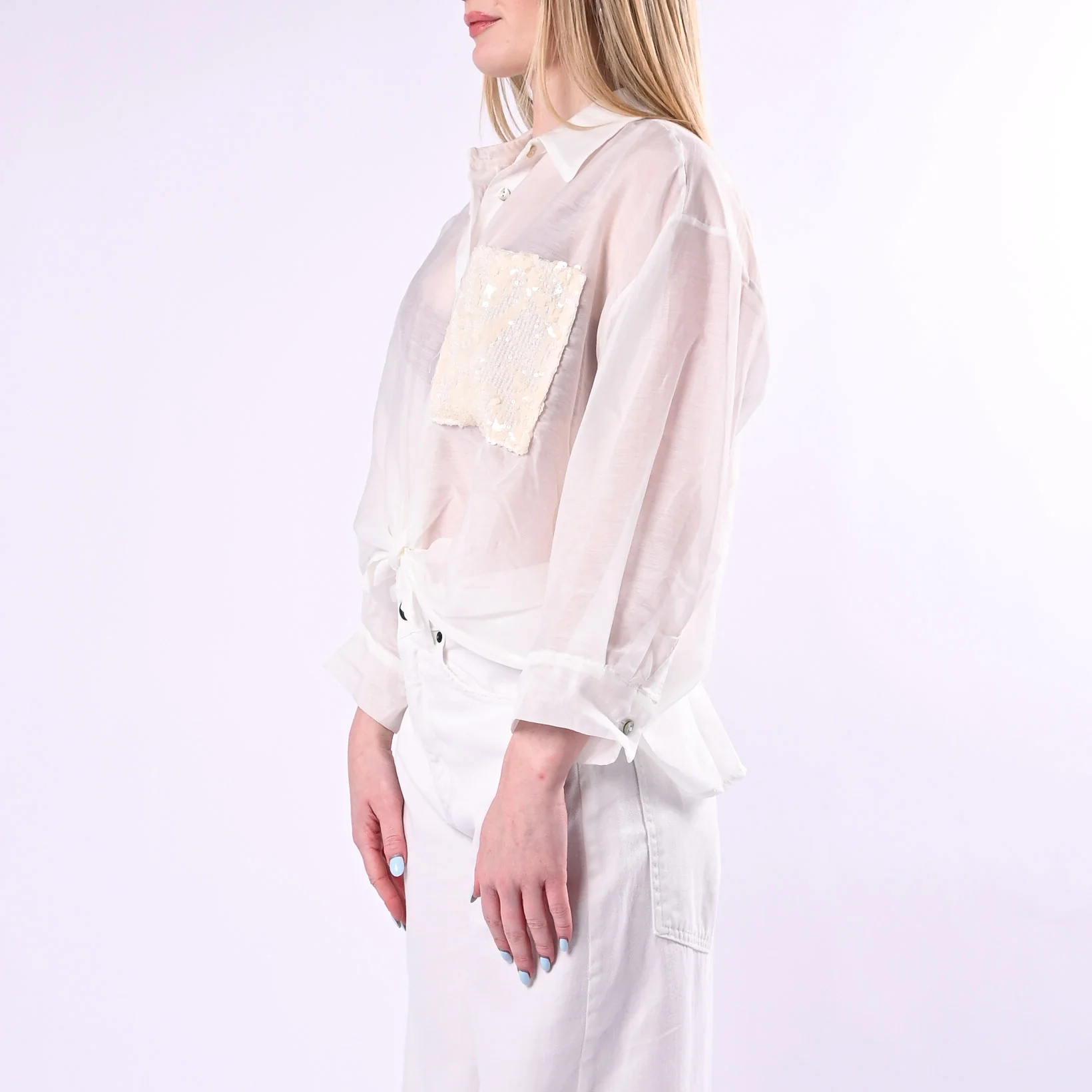 TENSIONE IN - CAMICIA OVER MISTO SETA CON TASCA PAILLETTES ART. S26CG25/P - PANNA - Image 3