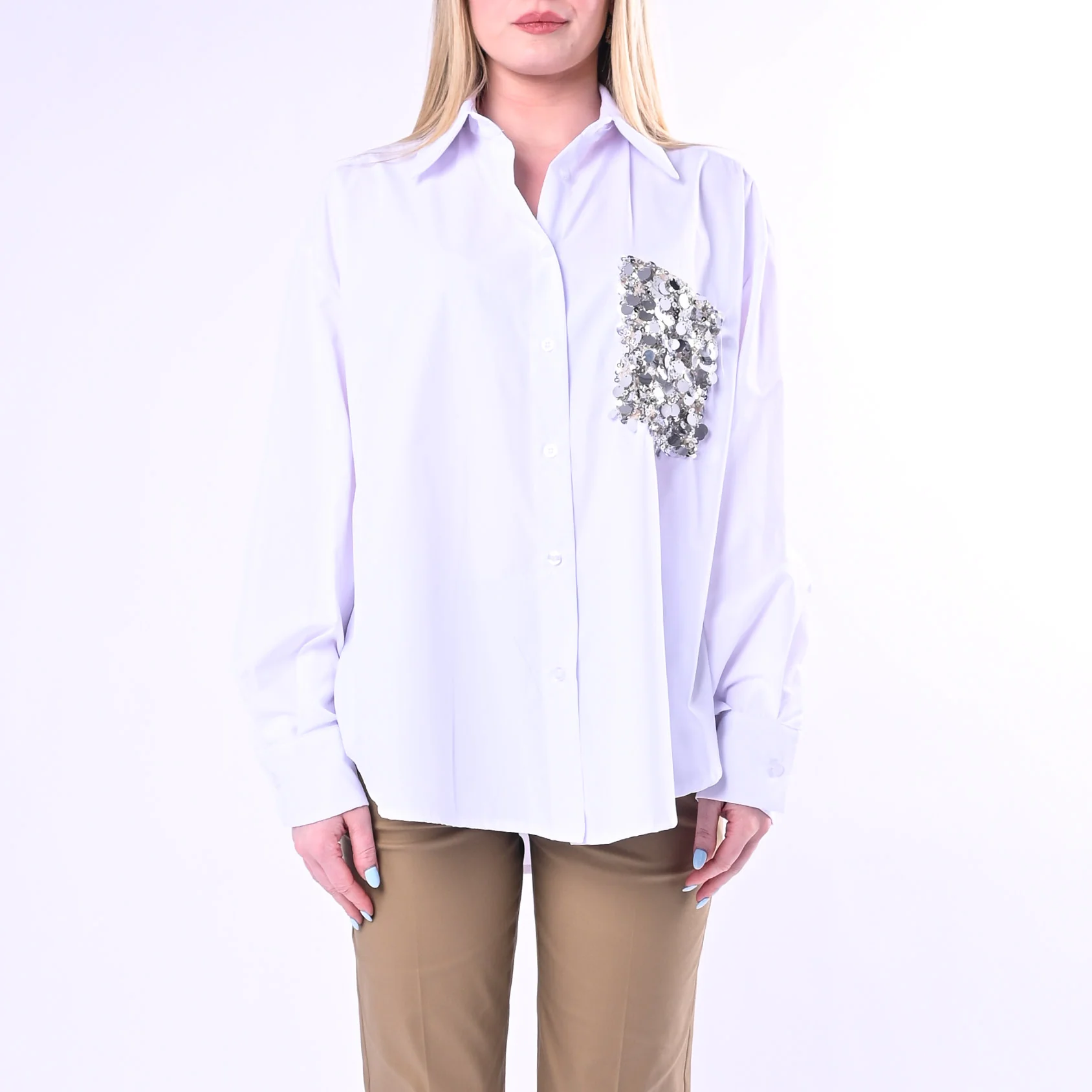 TENSIONE IN - CAMICIA POPELINE CON TASCA PAILLETTES ART.260048/B - BIANCO - Image 2