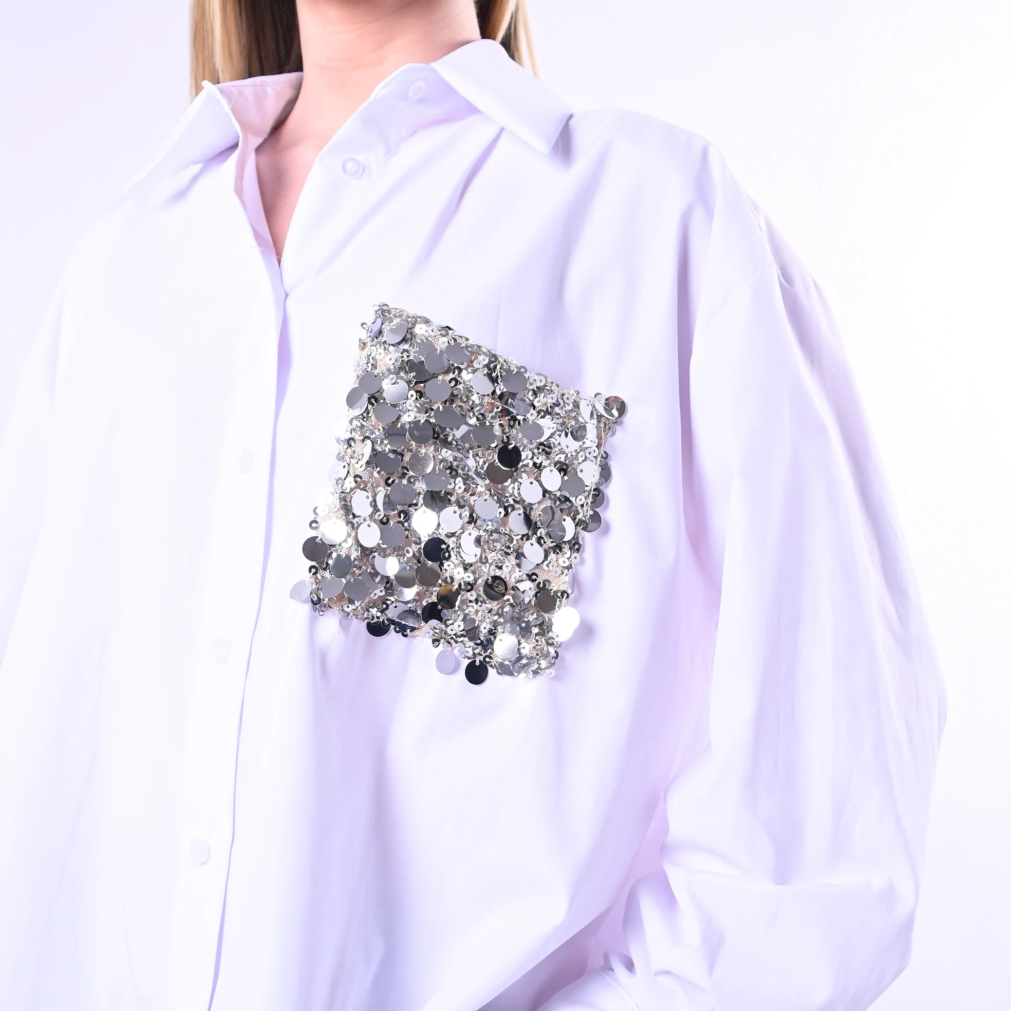 TENSIONE IN - CAMICIA POPELINE CON TASCA PAILLETTES ART.260048/B - BIANCO - Image 5