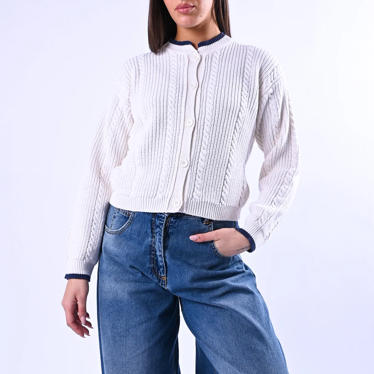 TENSIONE IN - CARDIGAN COREANA A TRECCE ART.ART.MG109 - BIANCO/BLU