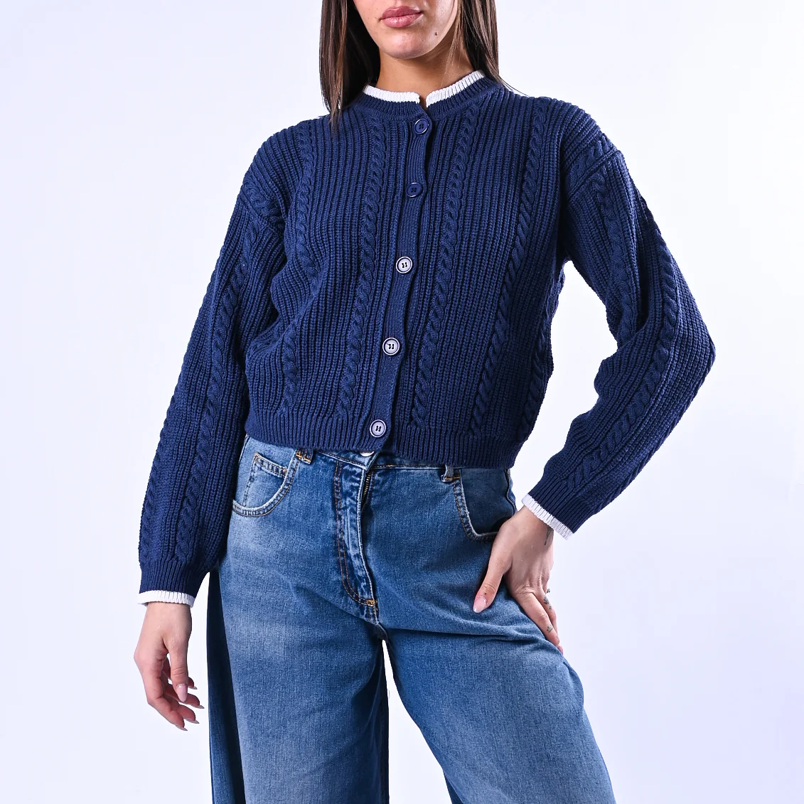 TENSIONE IN - CARDIGAN COREANA A TRECCE ART.ART.MG109 - BLU/PANNA
