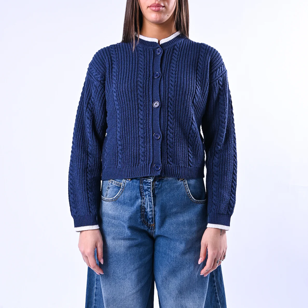 TENSIONE IN - CARDIGAN COREANA A TRECCE ART.ART.MG109 - BLU/PANNA - Image 2