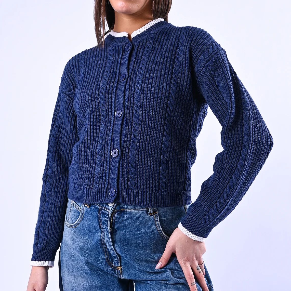 TENSIONE IN - CARDIGAN COREANA A TRECCE ART.ART.MG109 - BLU/PANNA - Image 5