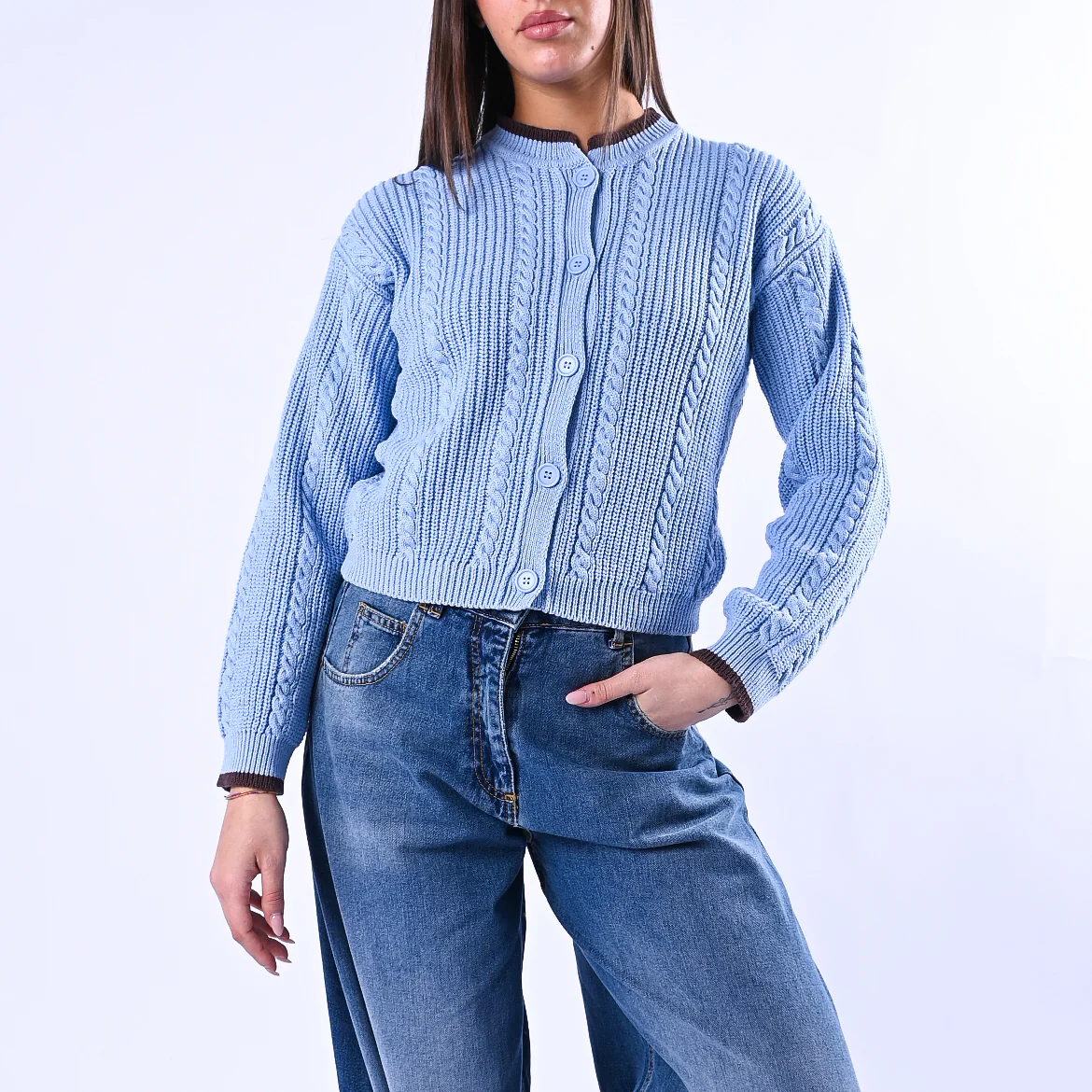 TENSIONE IN - CARDIGAN COREANA A TRECCE ART.ART.MG109 - CELESTE/MORO