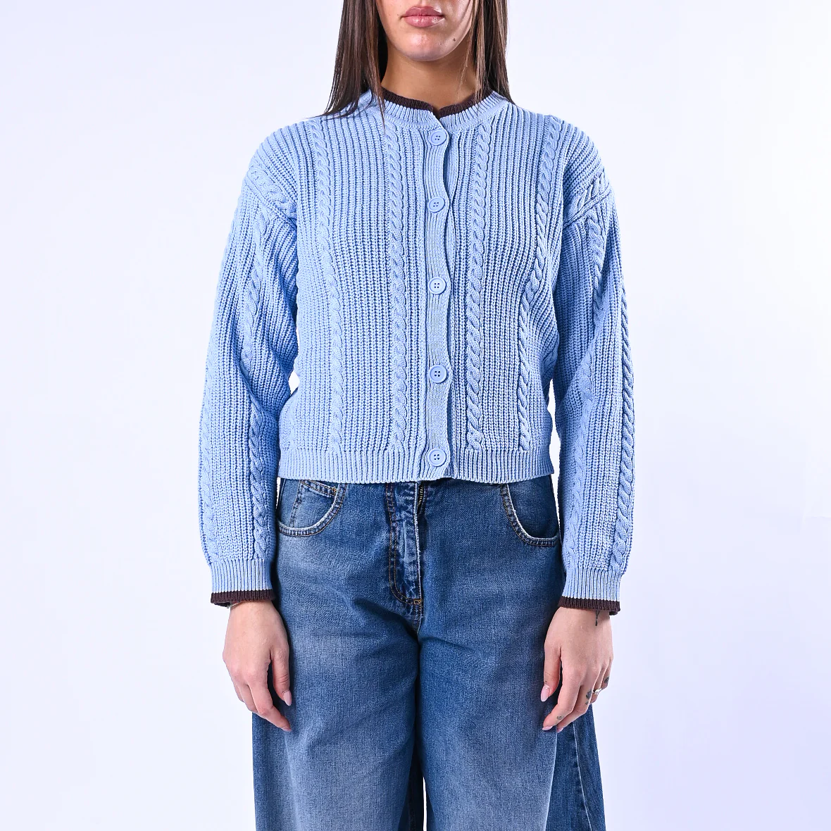 TENSIONE IN - CARDIGAN COREANA A TRECCE ART.ART.MG109 - CELESTE/MORO - Image 2