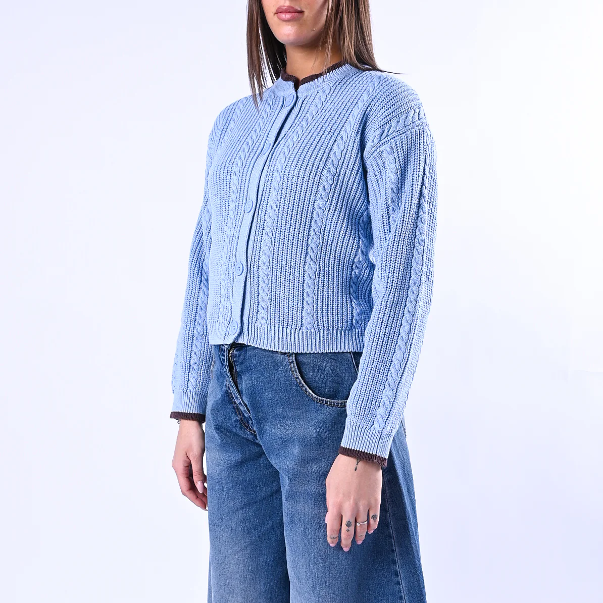 TENSIONE IN - CARDIGAN COREANA A TRECCE ART.ART.MG109 - CELESTE/MORO - Image 3