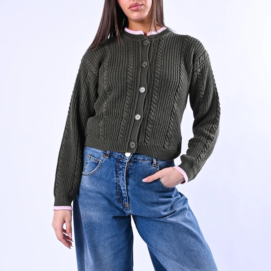 TENSIONE IN - CARDIGAN COREANA A TRECCE ART.MG109 - VERDE/ROSA