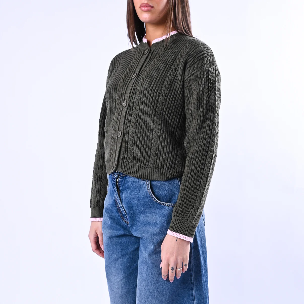 TENSIONE IN - CARDIGAN COREANA A TRECCE ART.MG109 - VERDE/ROSA - Image 3