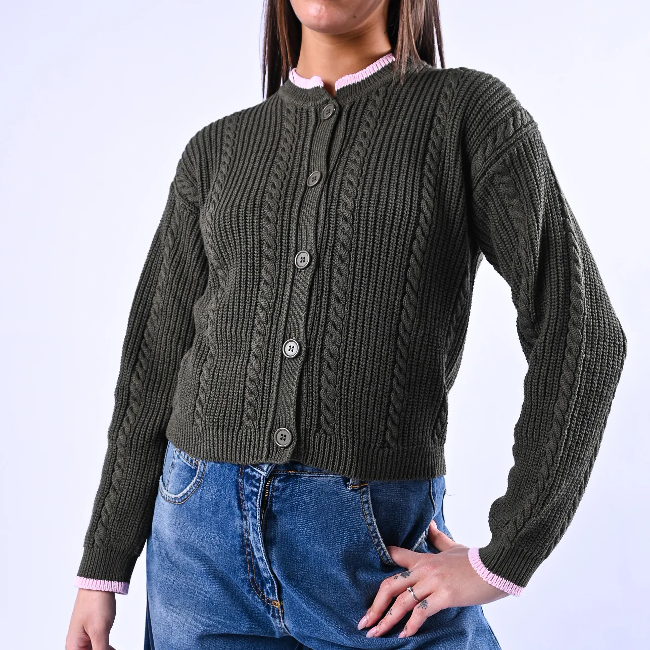 TENSIONE IN - CARDIGAN COREANA A TRECCE ART.MG109 - VERDE/ROSA - Image 5