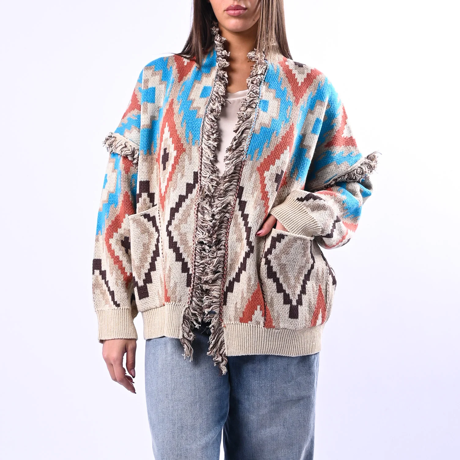 TENSIONE IN - CARDIGAN ETNICO ROMBI ART.G28A414 - BEIGE/CELESTE