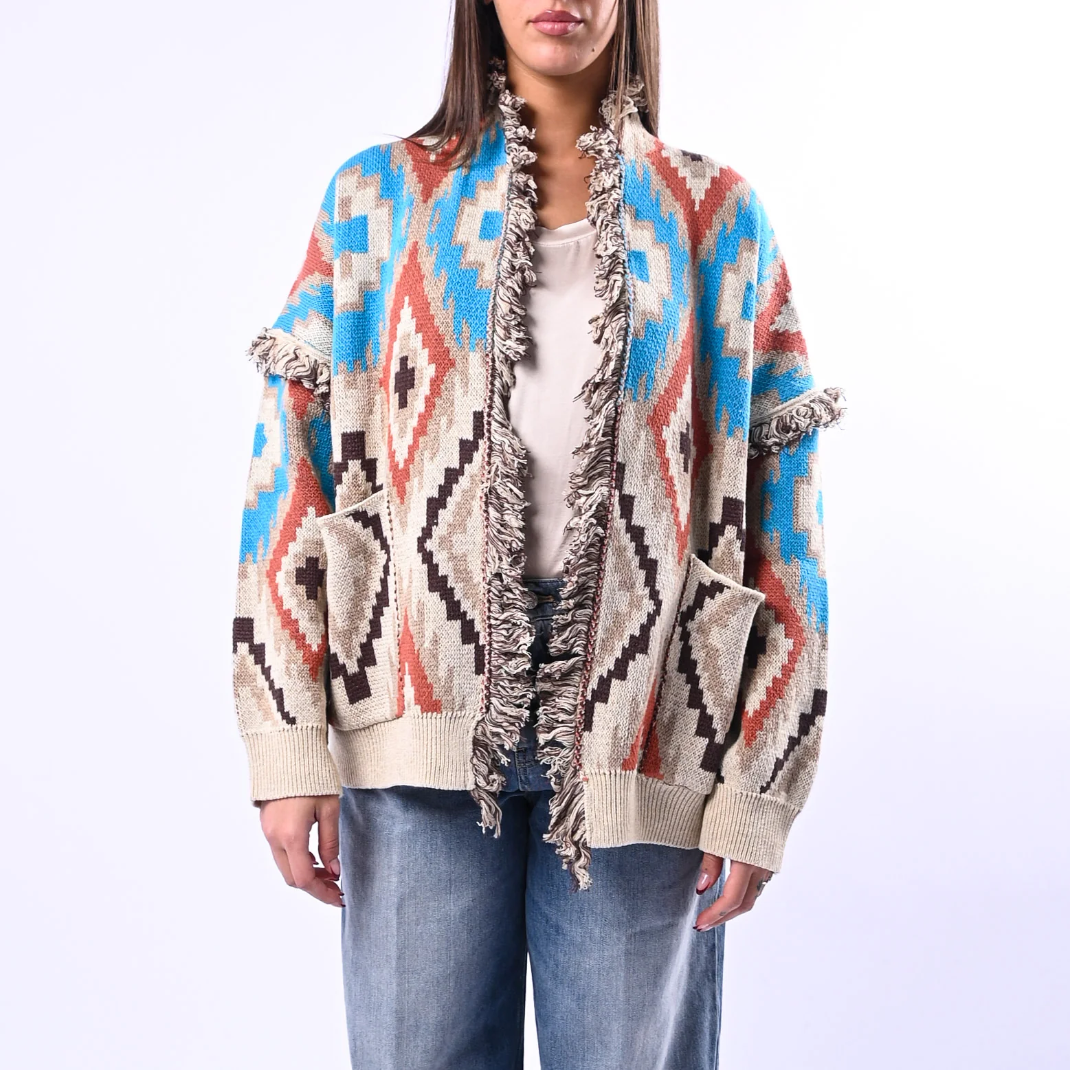 TENSIONE IN - CARDIGAN ETNICO ROMBI ART.G28A414 - BEIGE/CELESTE - Image 2