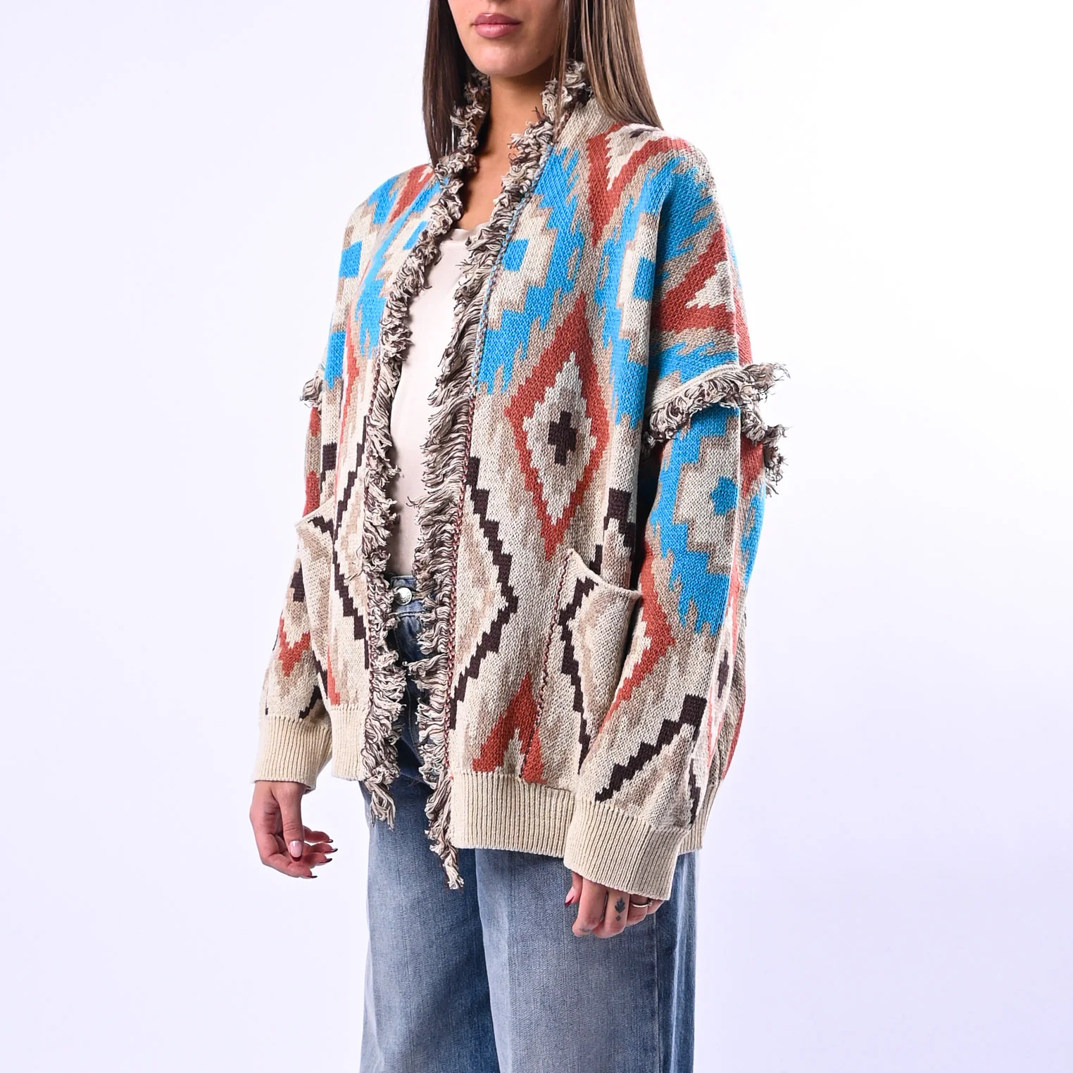 TENSIONE IN - CARDIGAN ETNICO ROMBI ART.G28A414 - BEIGE/CELESTE - Image 3