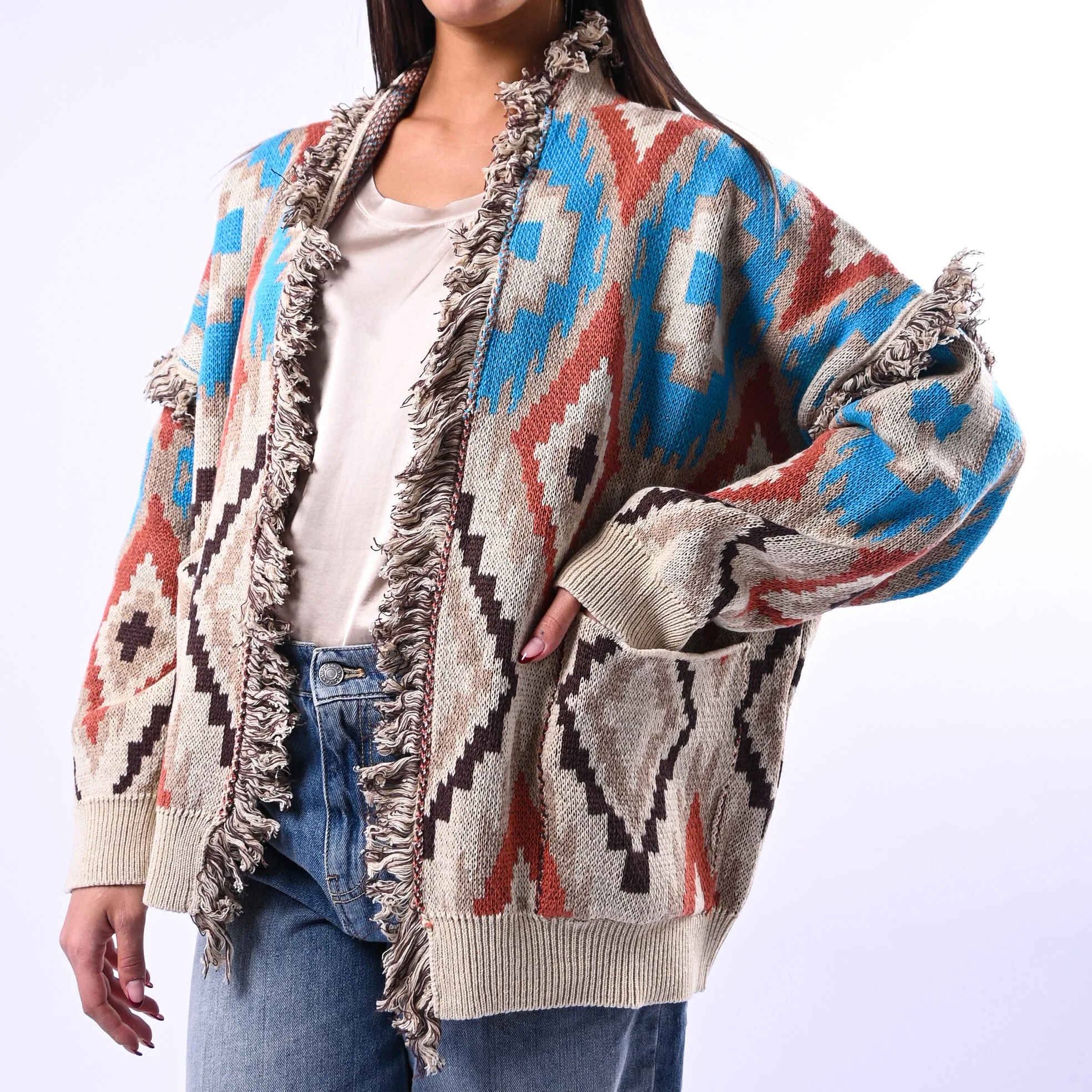 TENSIONE IN - CARDIGAN ETNICO ROMBI ART.G28A414 - BEIGE/CELESTE - Image 5