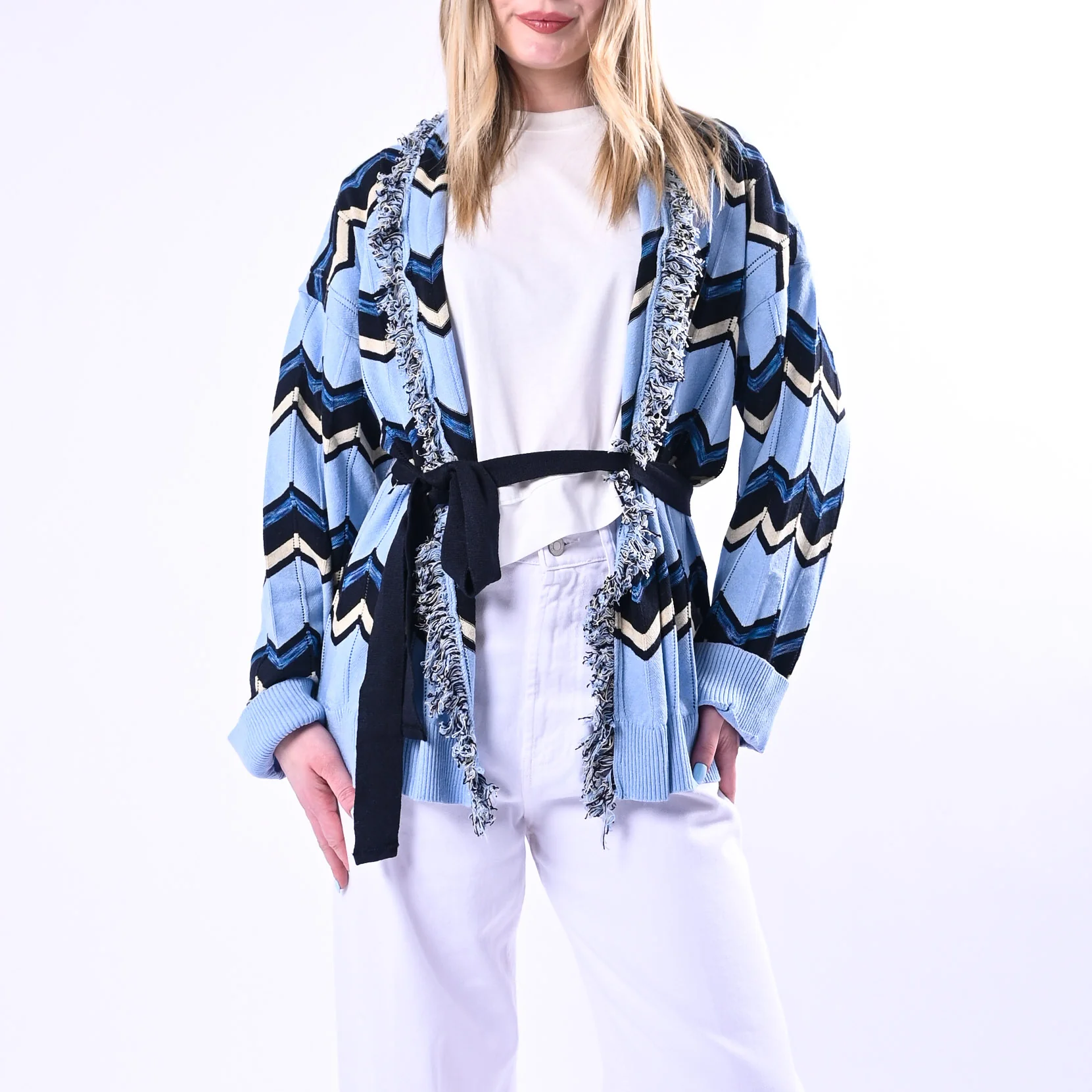 TENSIONE IN - CARDIGAN ETNICO ZIG ZAG ART.119W671/C - CELESTE