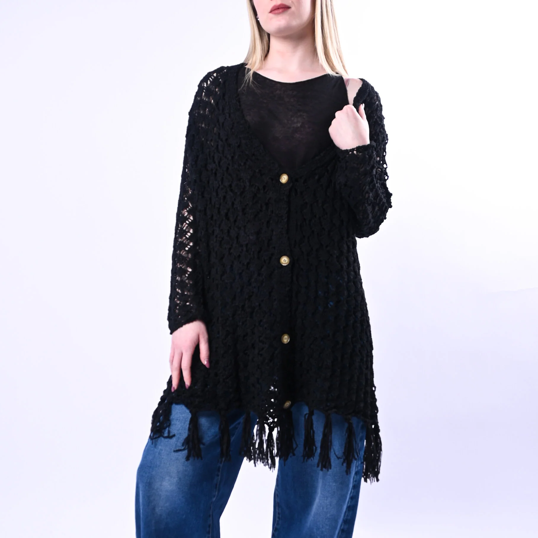 TENSIONE IN - CARDIGAN IN FETTUCCIA CON FRANGE ART.D90127/N - NERO
