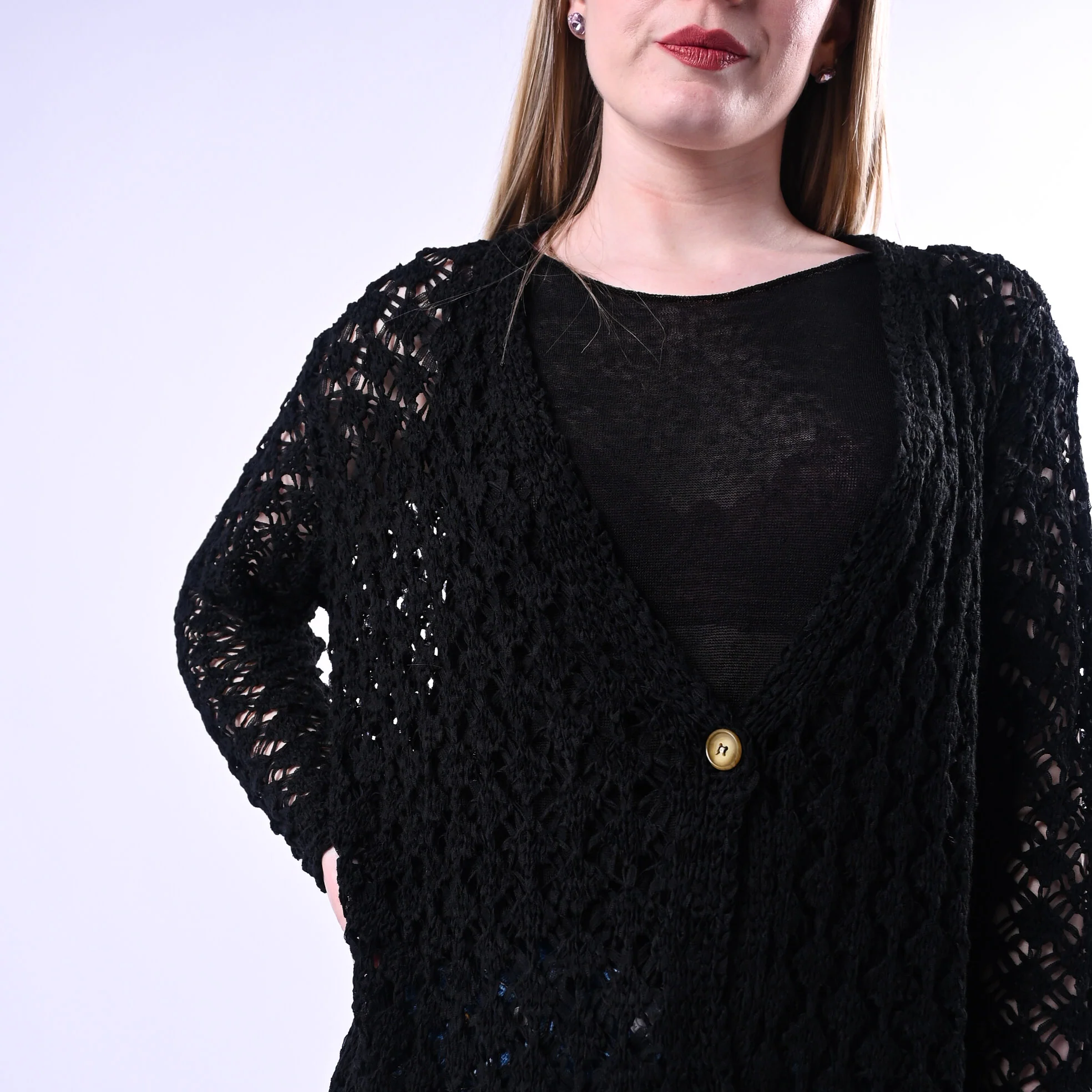 TENSIONE IN - CARDIGAN IN FETTUCCIA CON FRANGE ART.D90127/N - NERO - Image 5