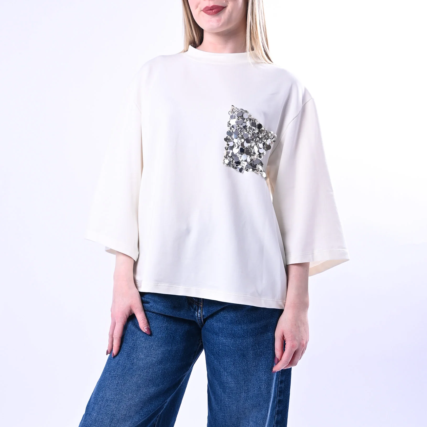 TENSIONE IN - FELPA OVER TASCA PAILLETTES ART.260157/P - PANNA