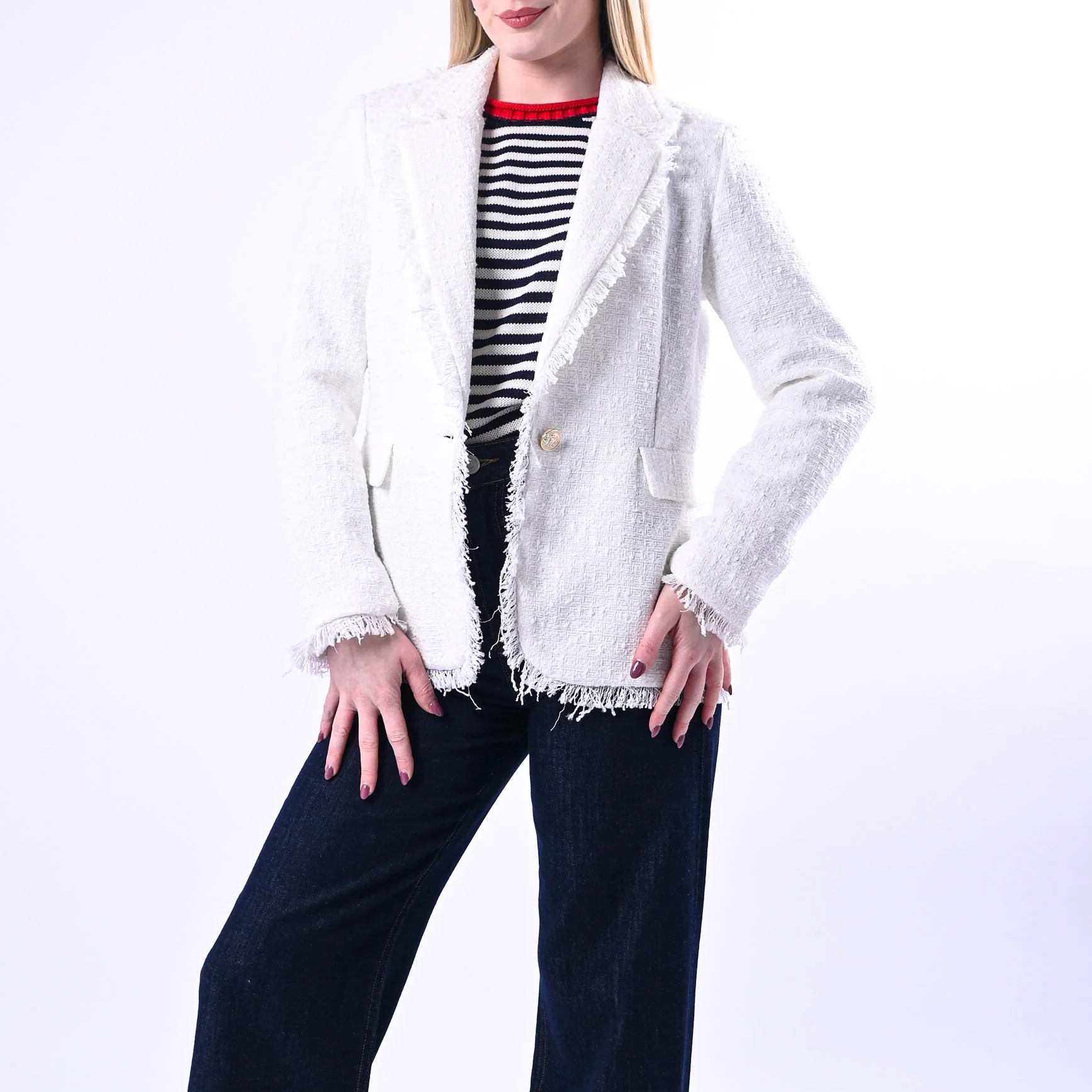 TENSIONE IN - GIACCA TWEED UN BOTTONE SFRANGIATA ART.26B4387 - BIANCO