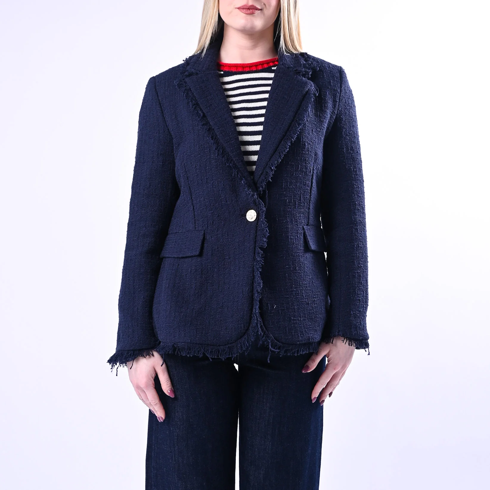 TENSIONE IN - GIACCA TWEED UN BOTTONE SFRANGIATA ART.26B4387 - BLU - Image 2