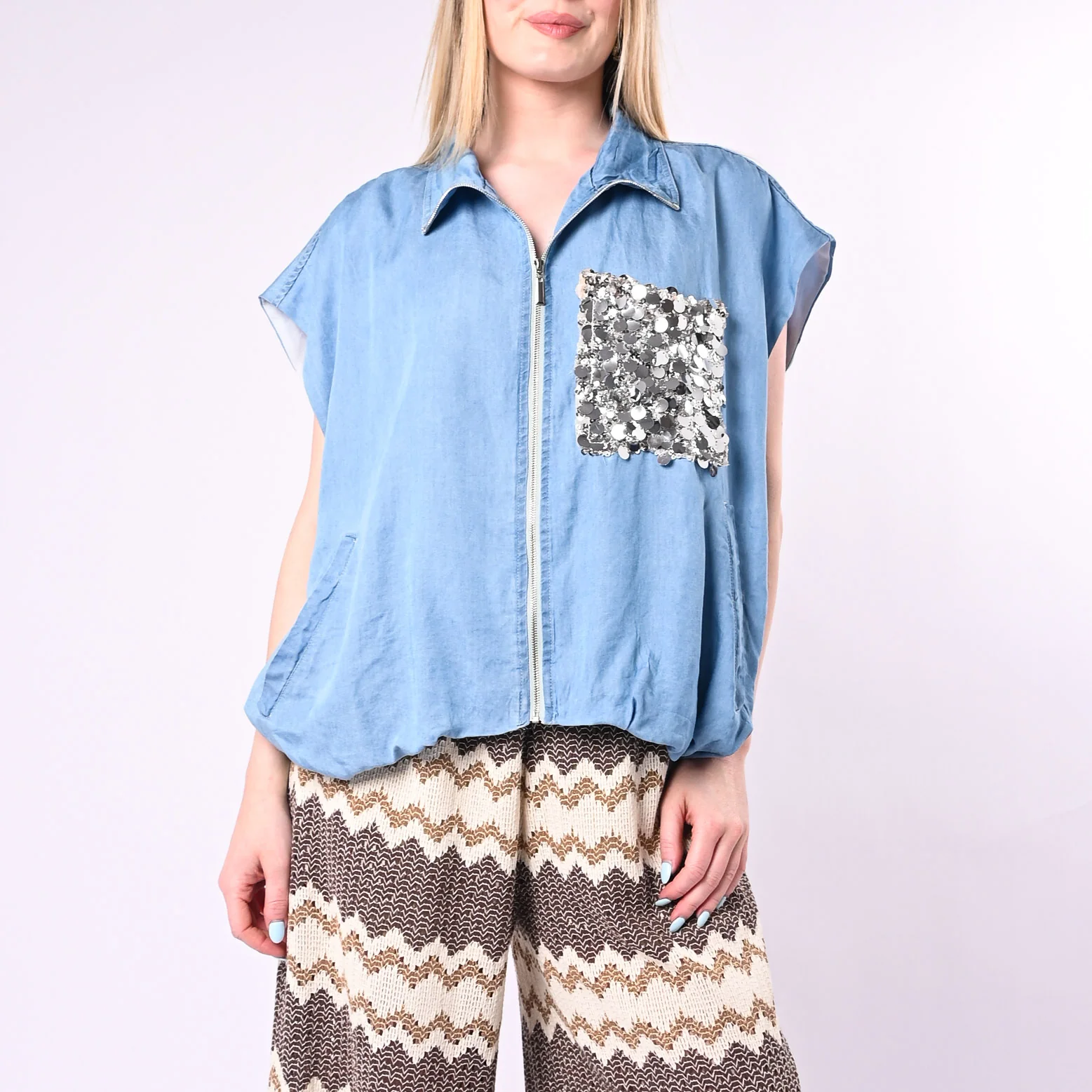 TENSIONE IN - GILET CHAMBRAY CON TASCA PAILLETTES E ZIP ART. PE260190/D - DENIM