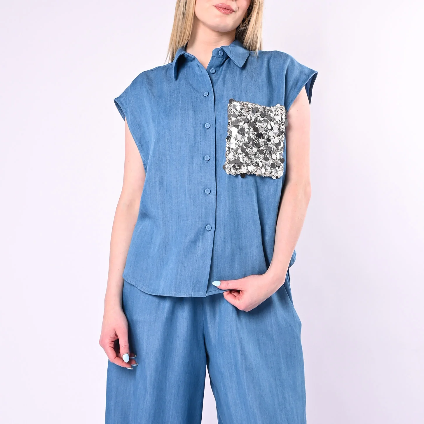 TENSIONE IN - GILET IN LYOCELL CON TASCA PAILLETTES ART. S26CE19/C - CELESTE - Image 2