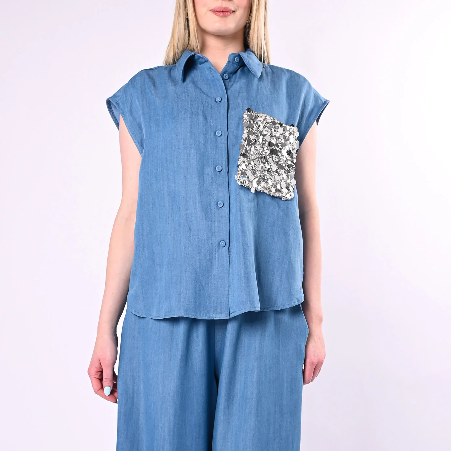 TENSIONE IN - GILET IN LYOCELL CON TASCA PAILLETTES ART. S26CE19/C - CELESTE - Image 3