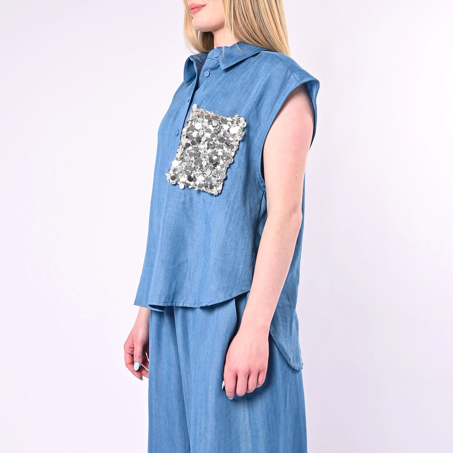 TENSIONE IN - GILET IN LYOCELL CON TASCA PAILLETTES ART. S26CE19/C - CELESTE - Image 4