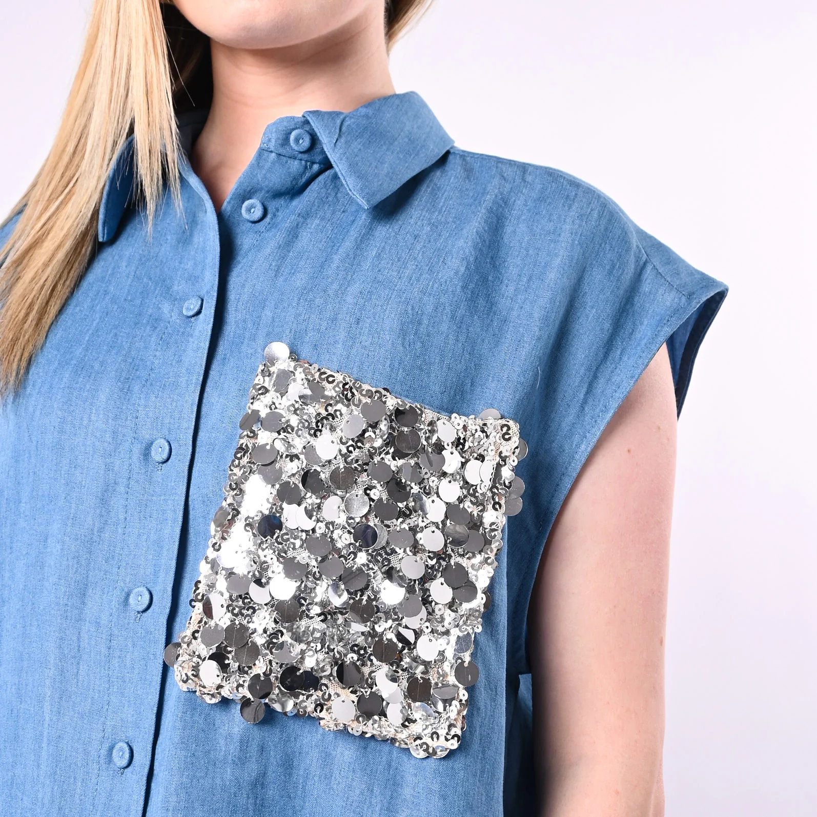 TENSIONE IN - GILET IN LYOCELL CON TASCA PAILLETTES ART. S26CE19/C - CELESTE - Image 6