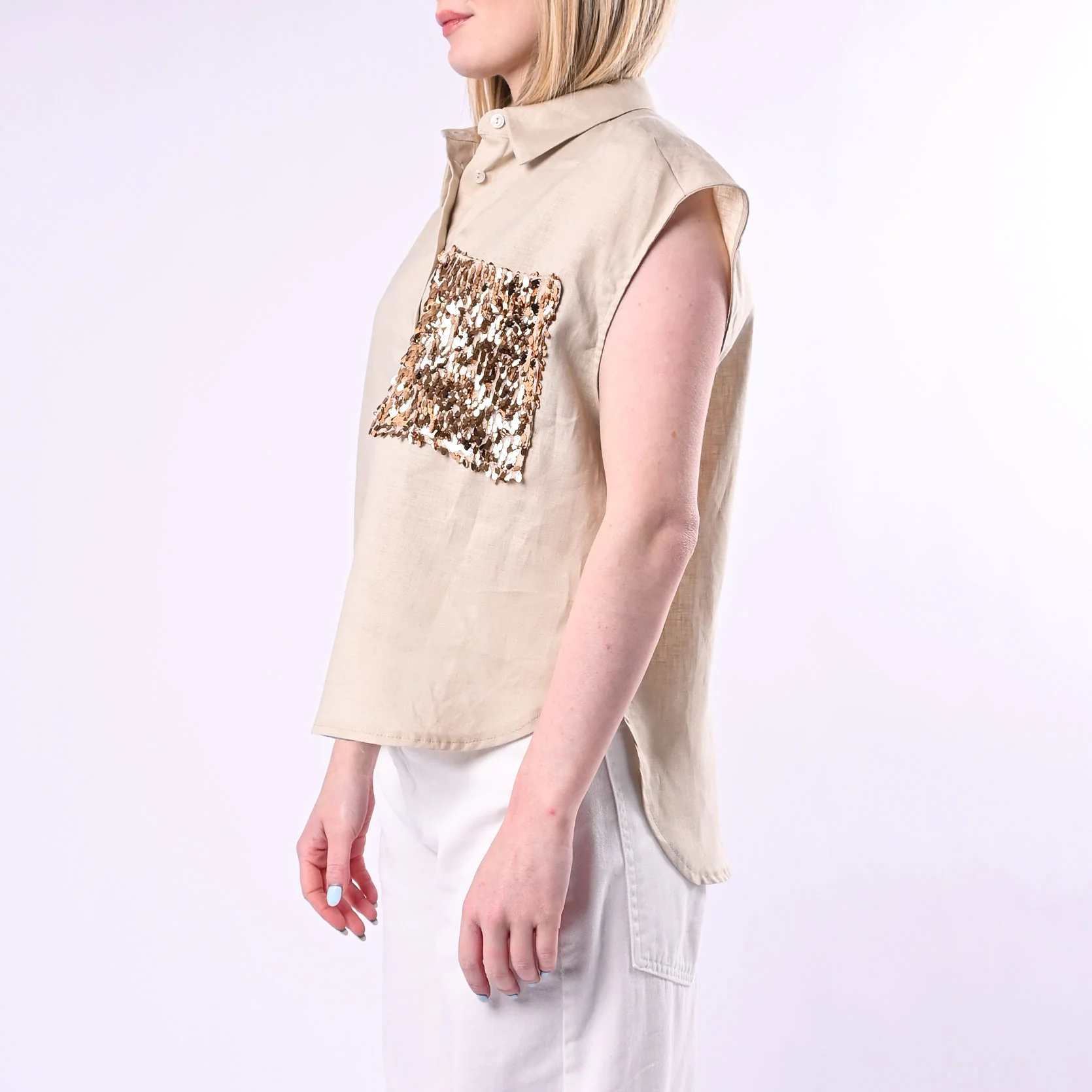 TENSIONE IN - GILET OVER IN LINO CON TASCA PAILLETTES ART. S26CG45/SO - SABBIA/ORO - Image 3