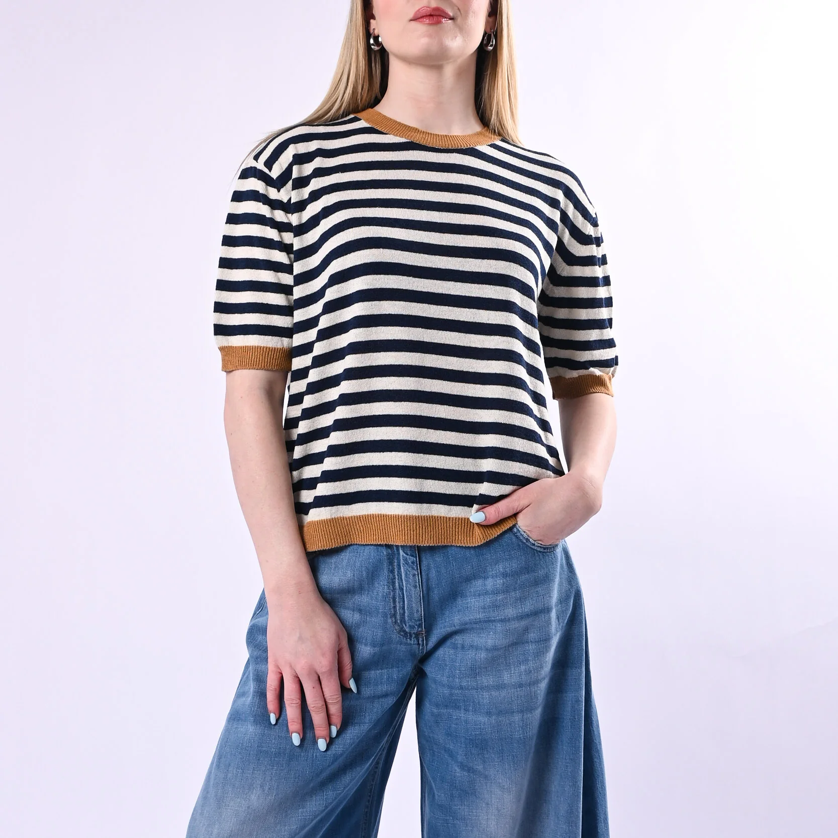 TENSIONE IN - MAGLIA A RIGHE MEZZA MANICA ART. 26295/TLB - TABACCO/LATTE/BLU