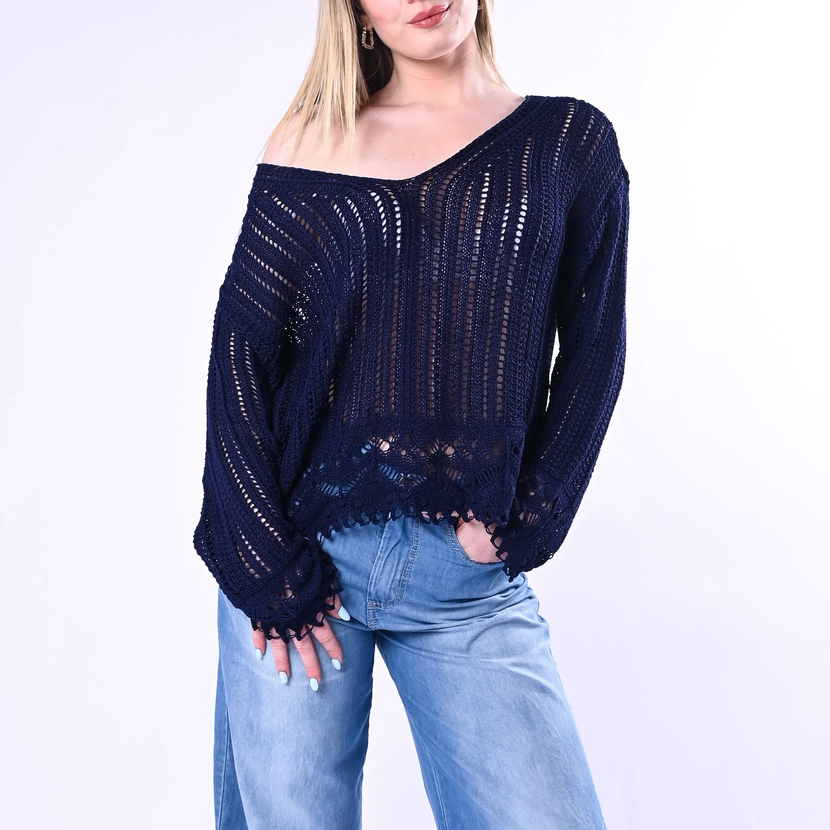 TENSIONE IN - MAGLIA TRAFORATA SCOLLO V ART. D90186/B - BLU
