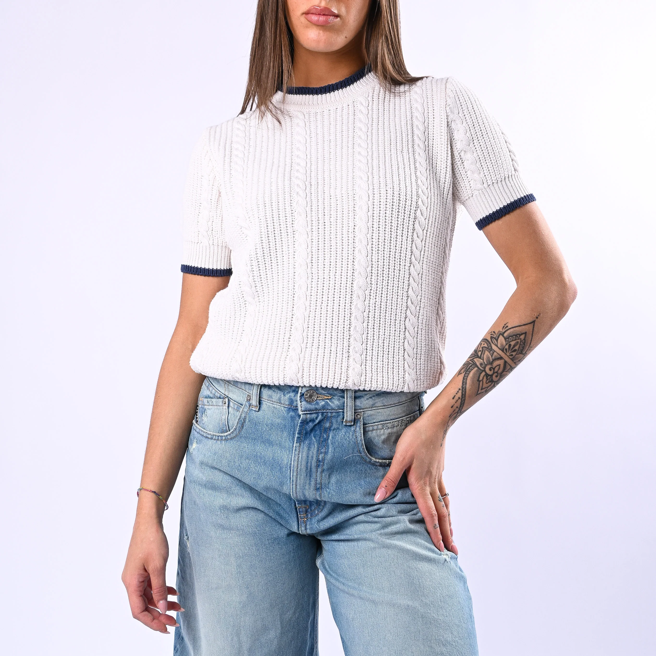 TENSIONE IN - MAGLIA TRECCE MANICA CORTA ART.MJ02A - BIANCO/BLU