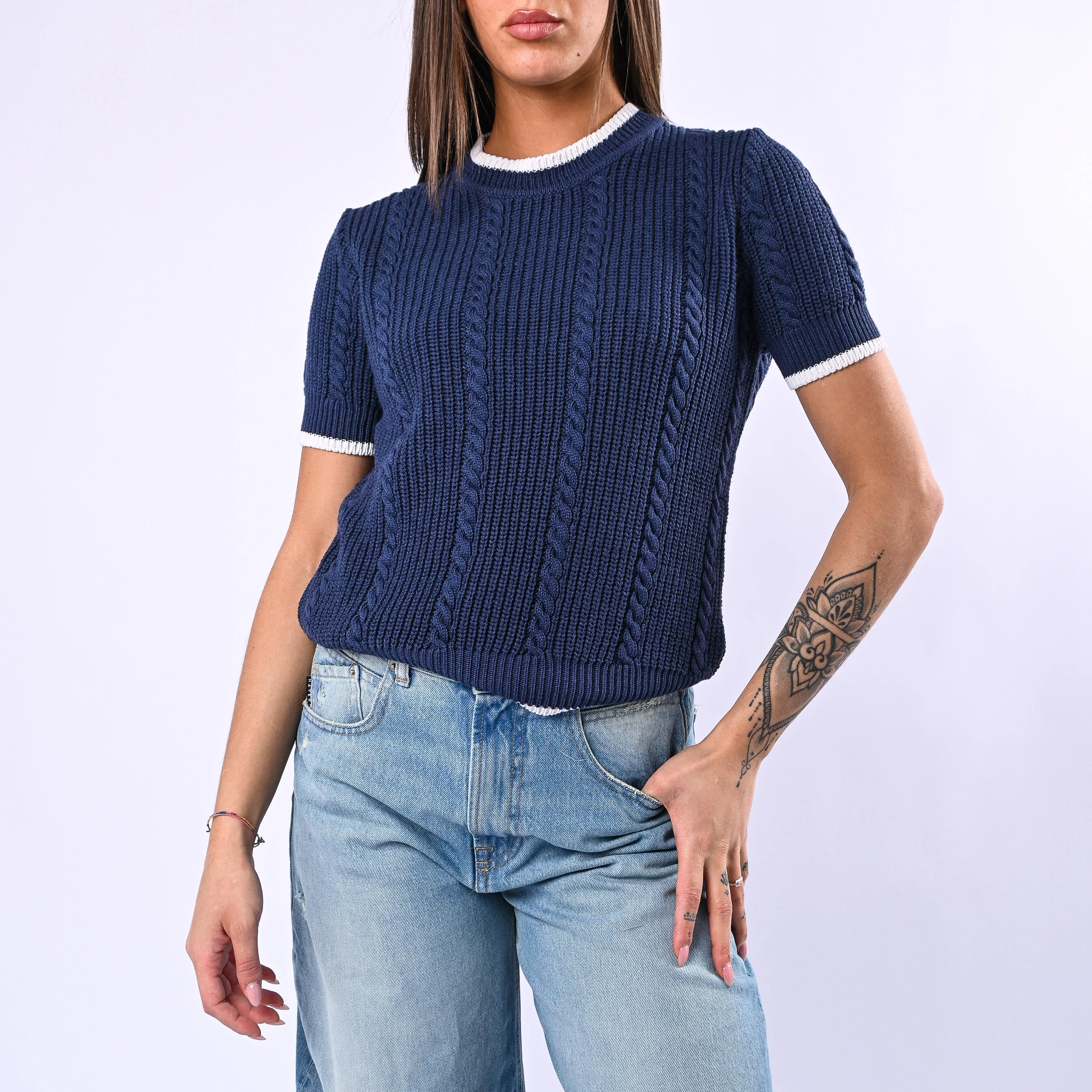 TENSIONE IN - MAGLIA TRECCE MANICA CORTA ART.MJ02A - BLU/PANNA