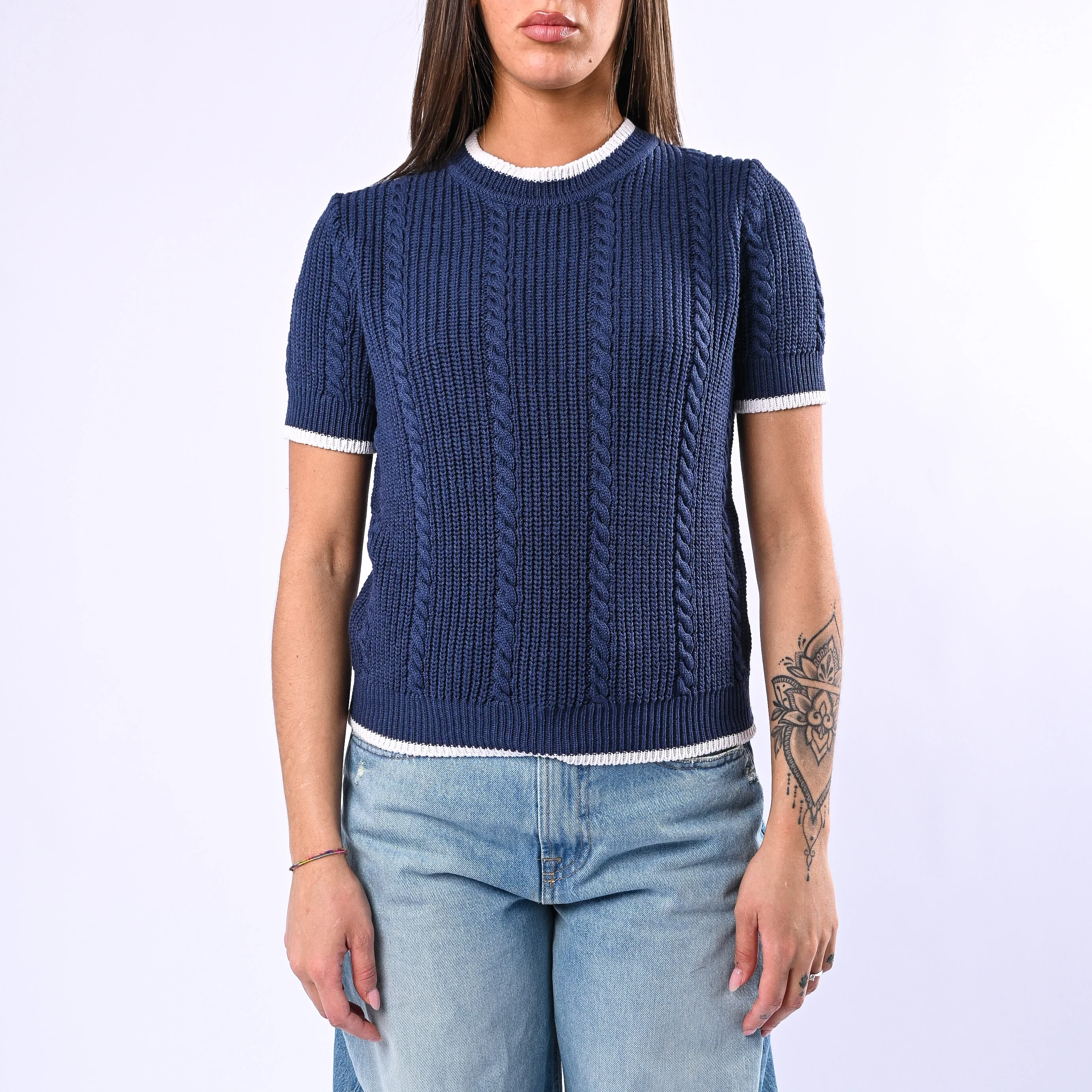 TENSIONE IN - MAGLIA TRECCE MANICA CORTA ART.MJ02A - BLU/PANNA - Image 2
