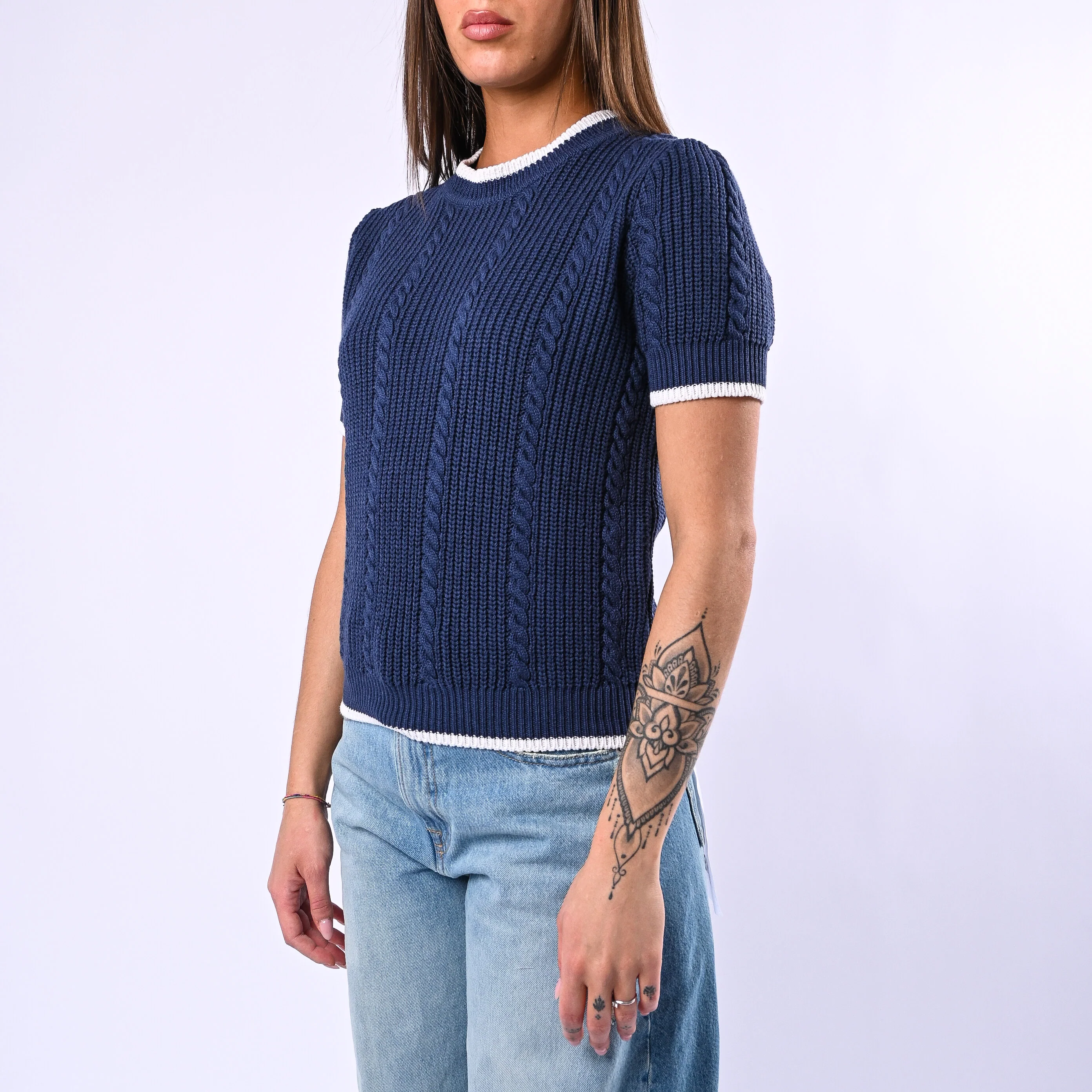 TENSIONE IN - MAGLIA TRECCE MANICA CORTA ART.MJ02A - BLU/PANNA - Image 3
