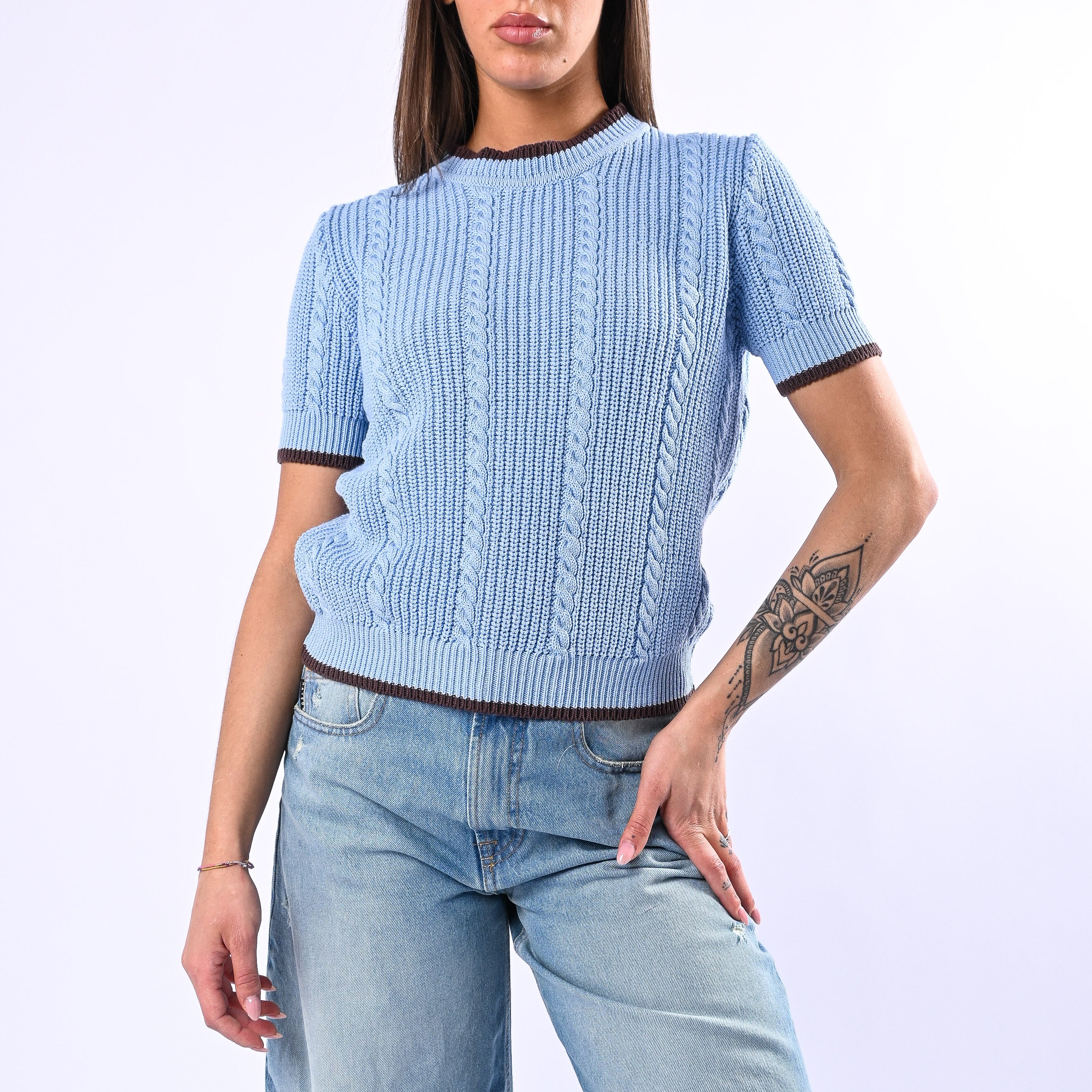 TENSIONE IN - MAGLIA TRECCE MANICA CORTA ART.MJ02A - CELESTE/MORO