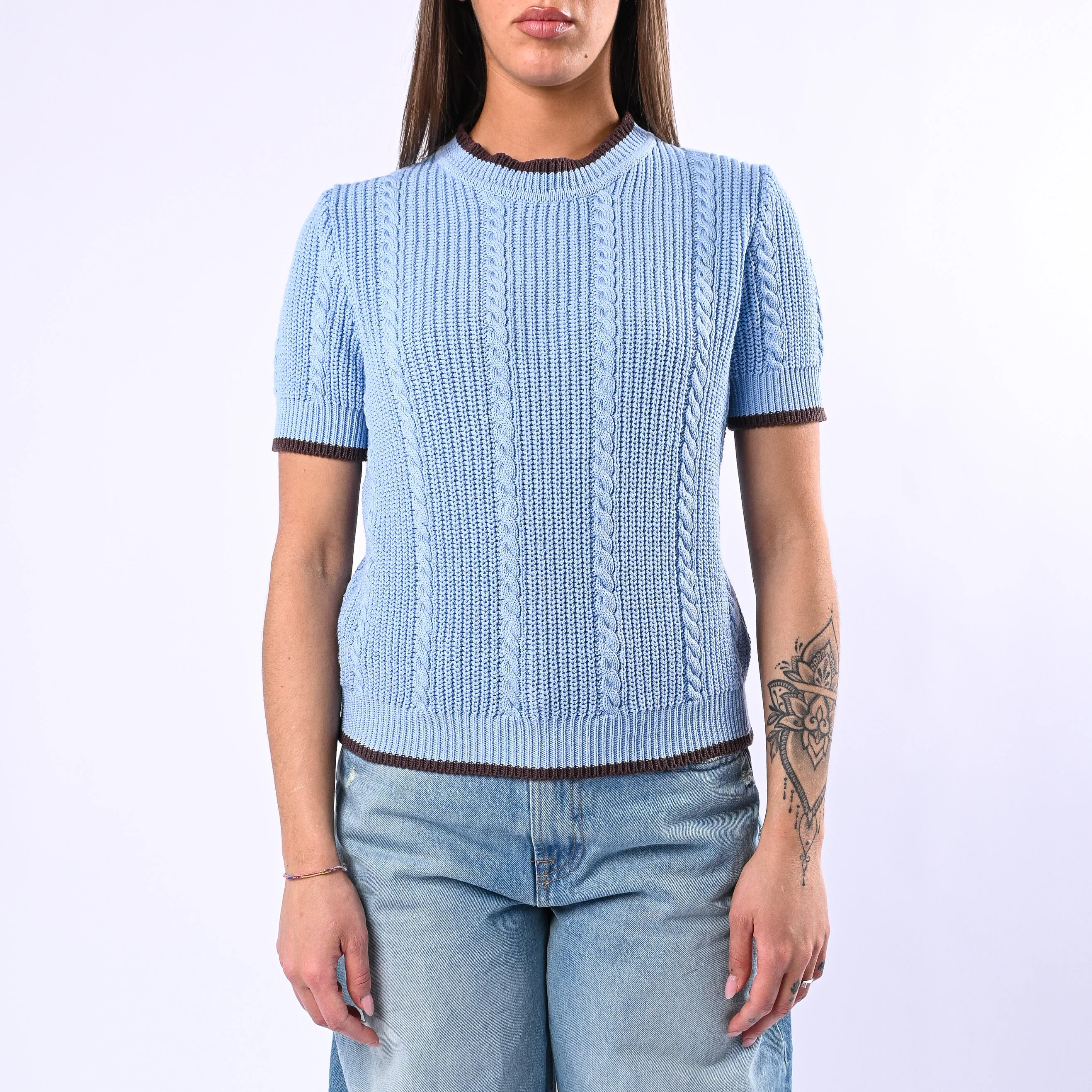 TENSIONE IN - MAGLIA TRECCE MANICA CORTA ART.MJ02A - CELESTE/MORO - Image 2