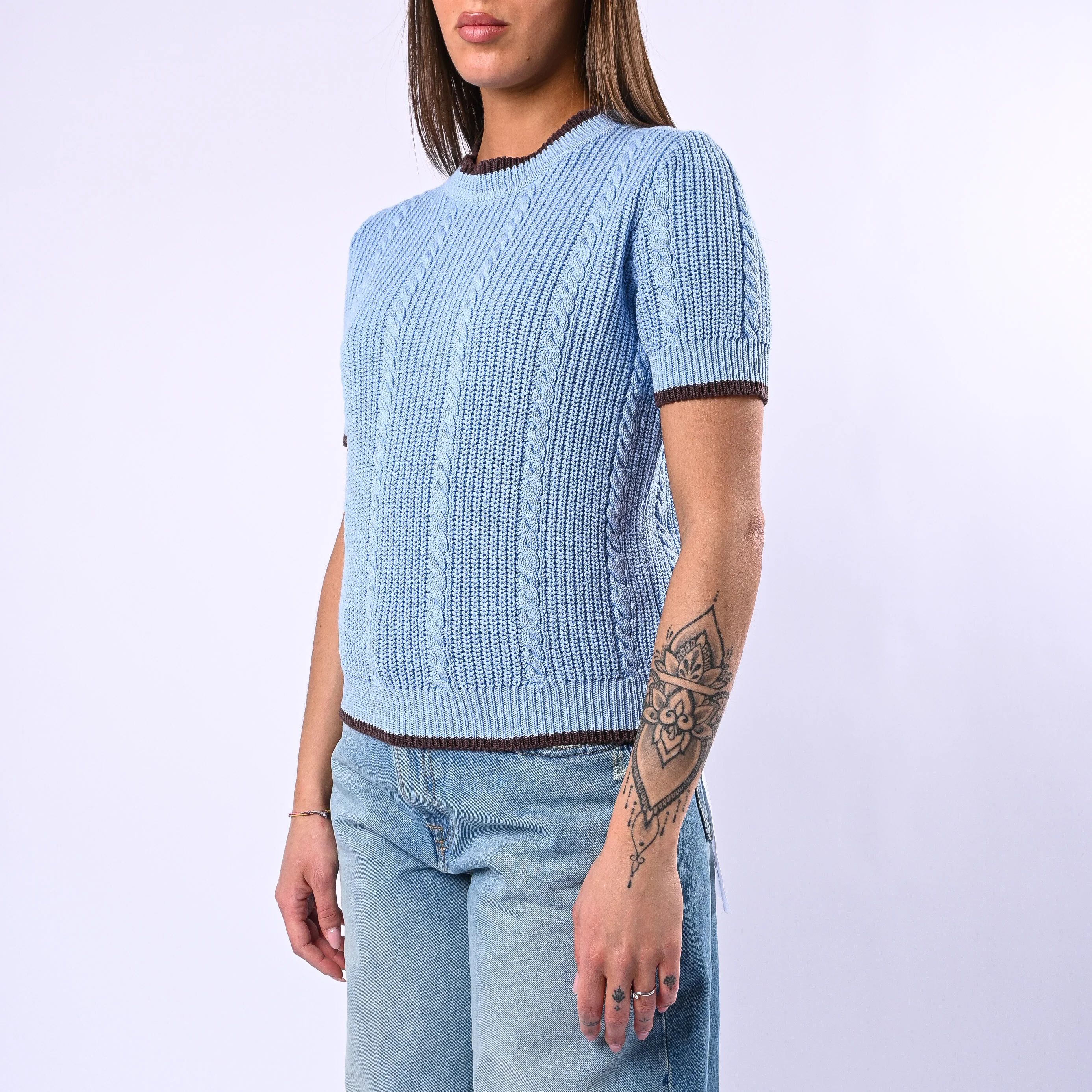 TENSIONE IN - MAGLIA TRECCE MANICA CORTA ART.MJ02A - CELESTE/MORO - Image 3