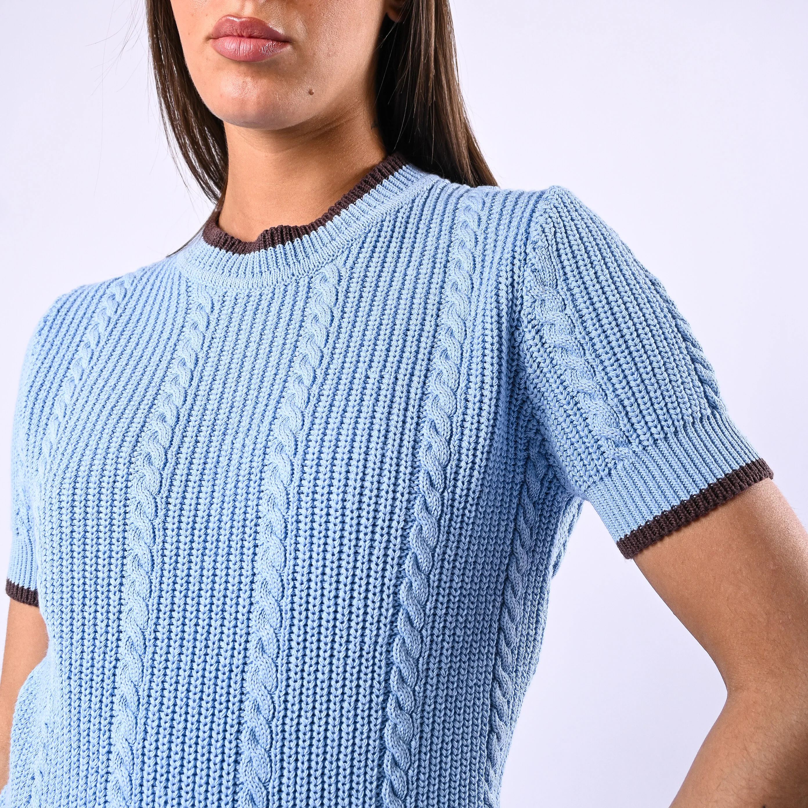 TENSIONE IN - MAGLIA TRECCE MANICA CORTA ART.MJ02A - CELESTE/MORO - Image 5