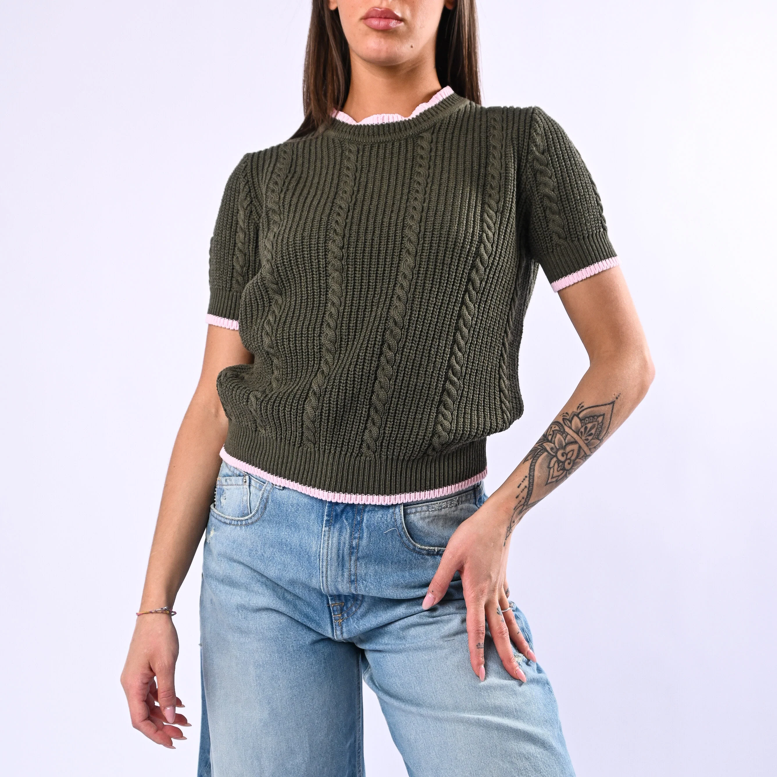 TENSIONE IN - MAGLIA TRECCE MANICA CORTA ART.MJ02A - VERDE/ROSA