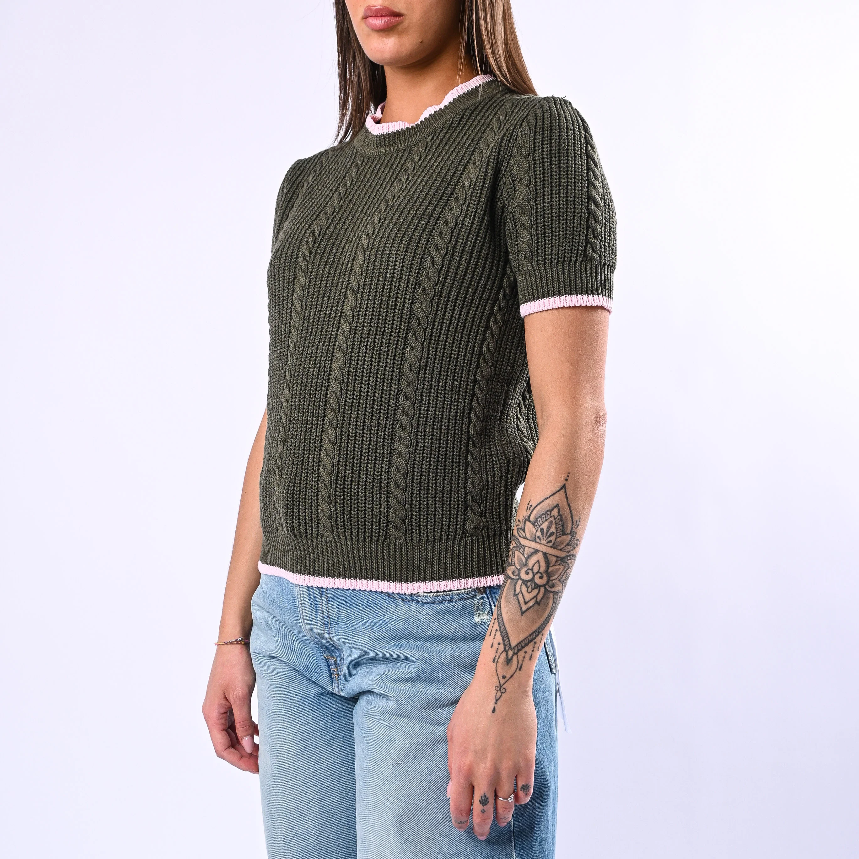 TENSIONE IN - MAGLIA TRECCE MANICA CORTA ART.MJ02A - VERDE/ROSA - Image 3