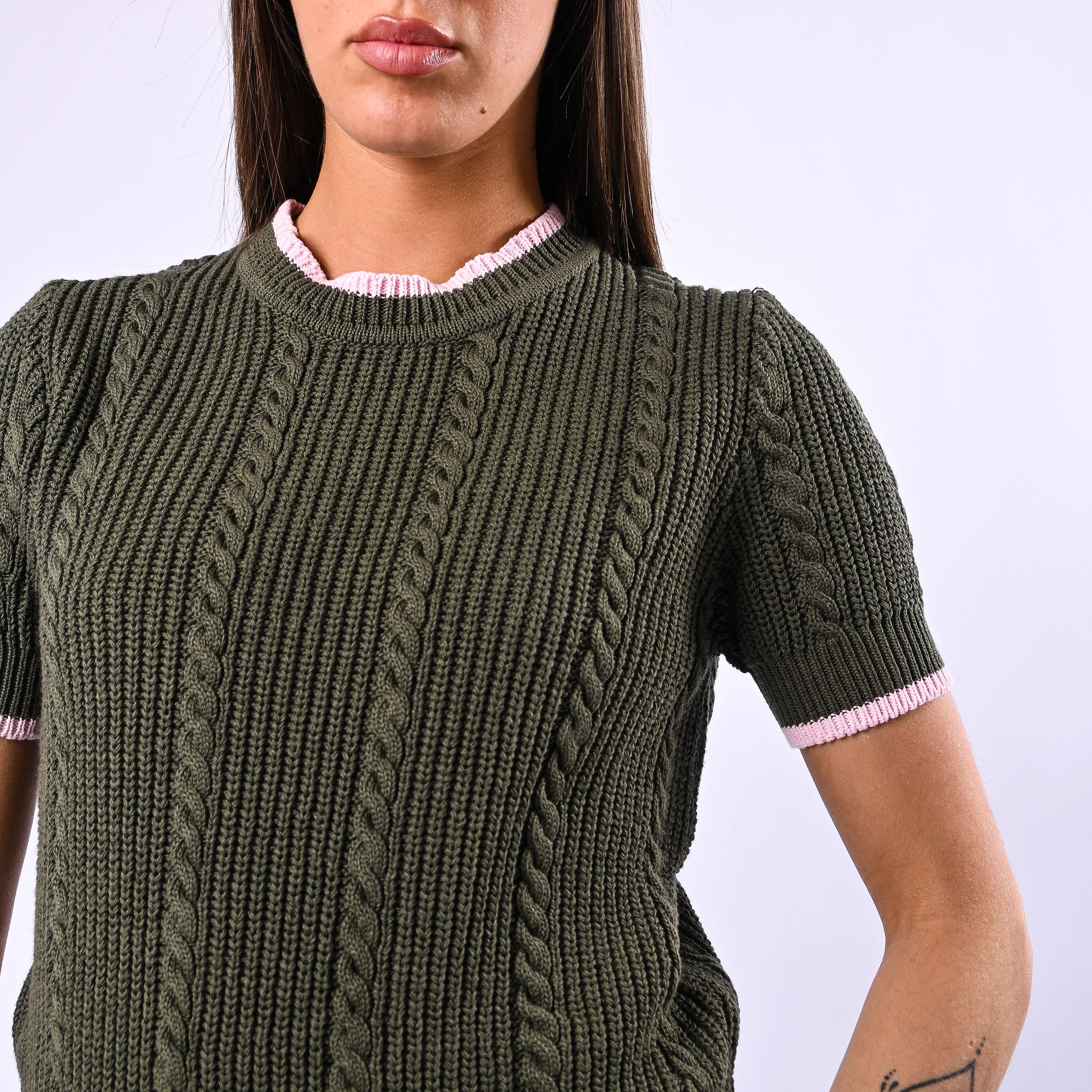 TENSIONE IN - MAGLIA TRECCE MANICA CORTA ART.MJ02A - VERDE/ROSA - Image 5