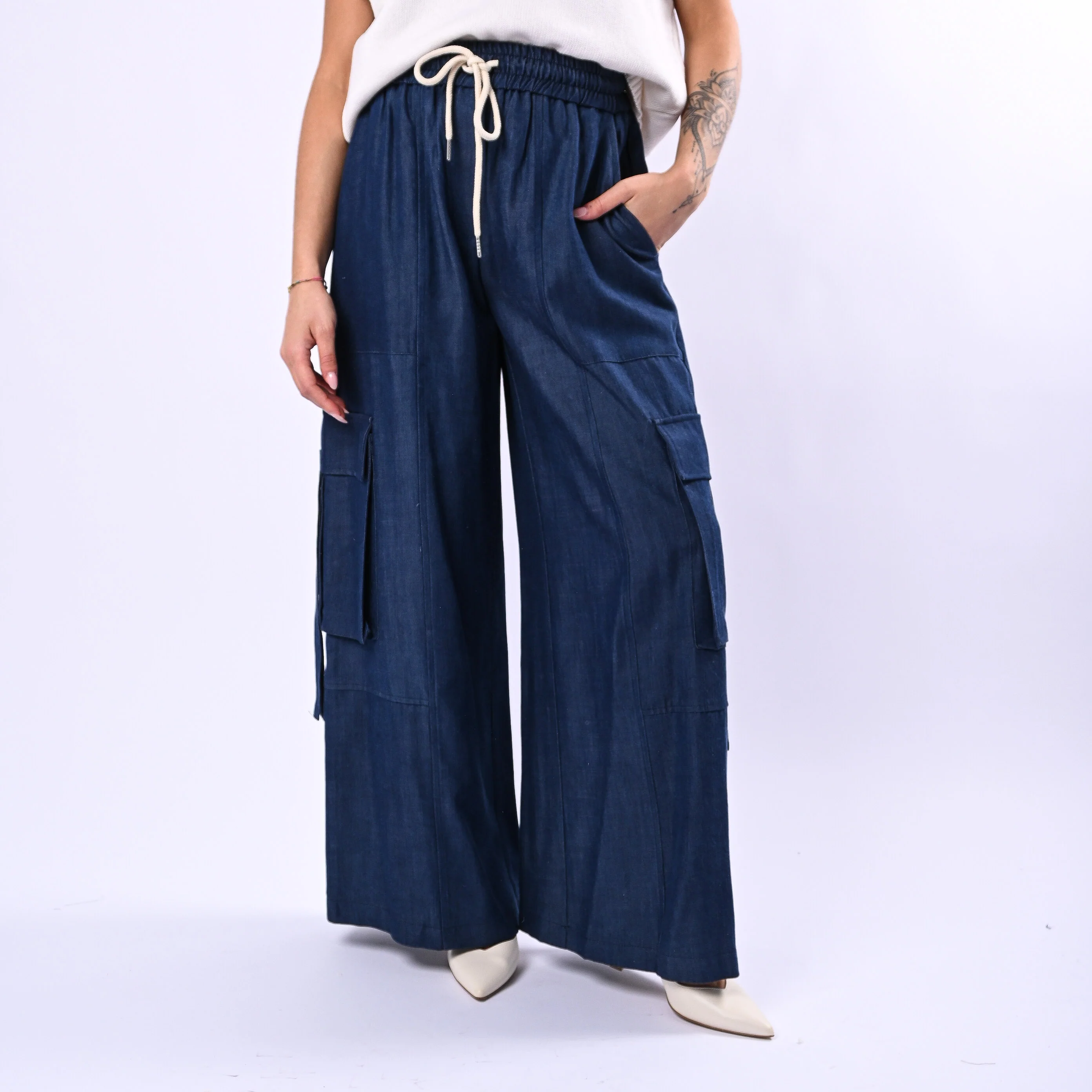 TENSIONE IN - PANTALONE CARGO IN LYOCELL ART.26P3809 - DENIM SCURO