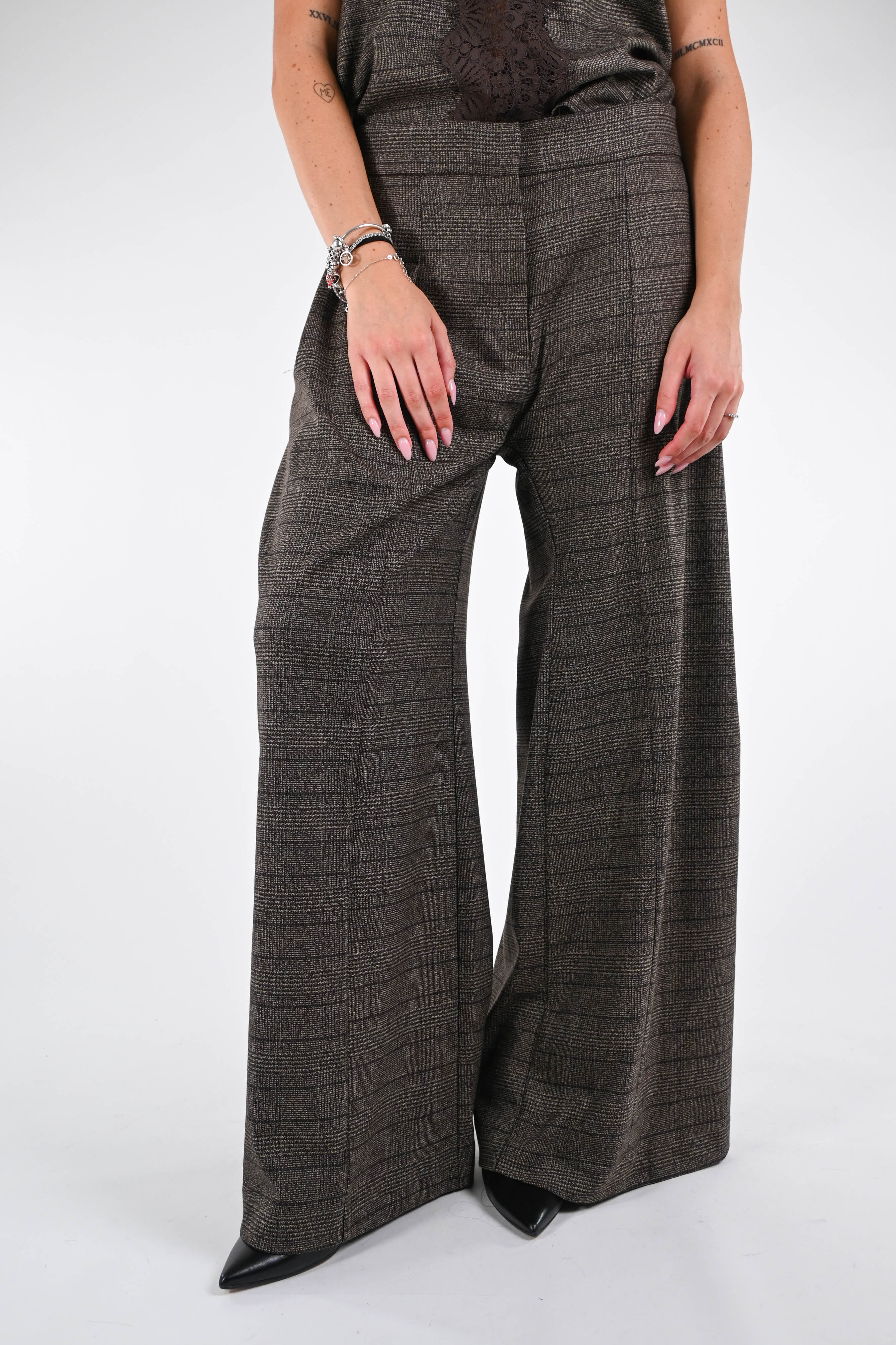 TENSIONE IN - PANTALONE CHECK A PALAZZO ART.37710 - MORO
