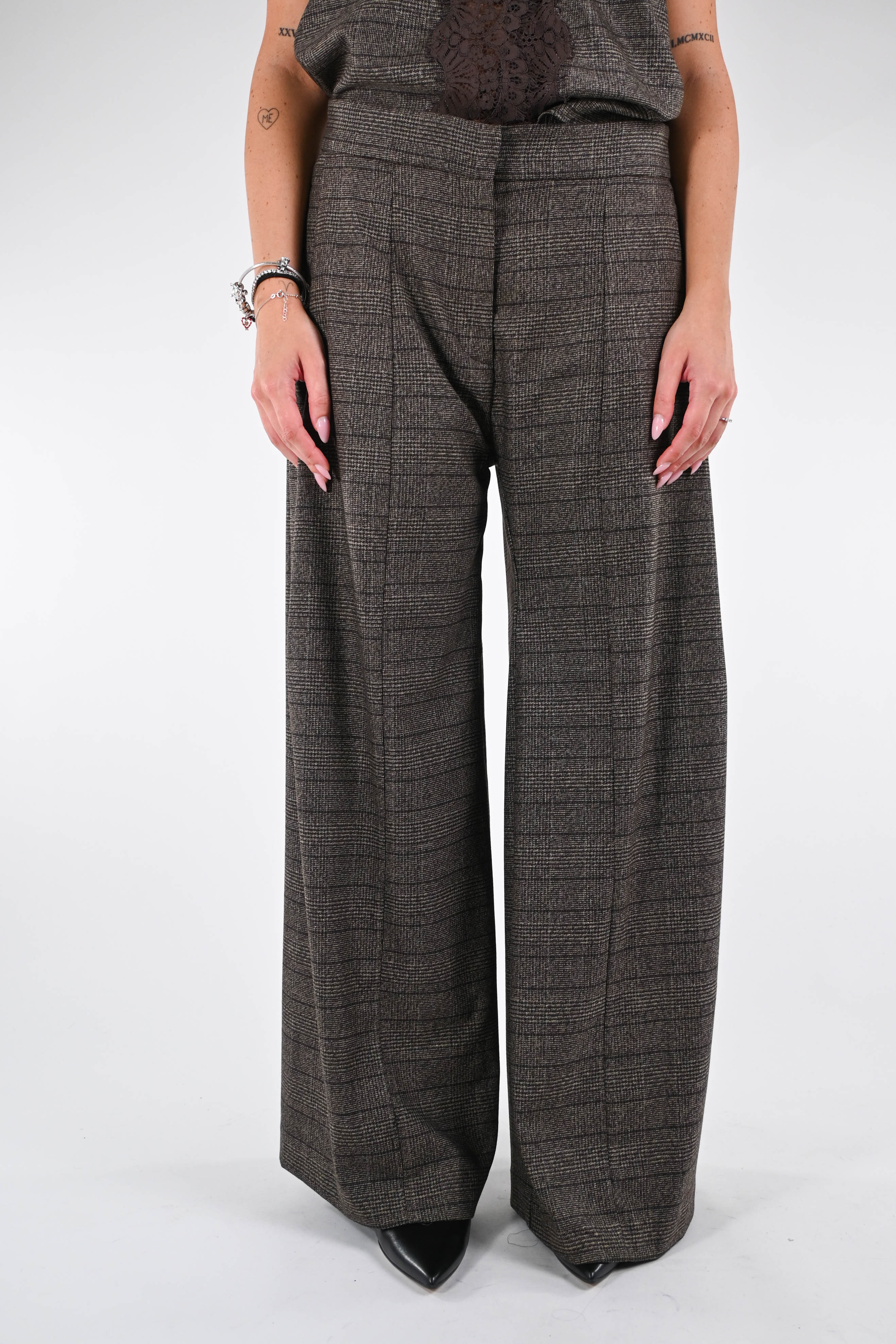 TENSIONE IN - PANTALONE CHECK A PALAZZO ART.37710 - MORO - Image 2