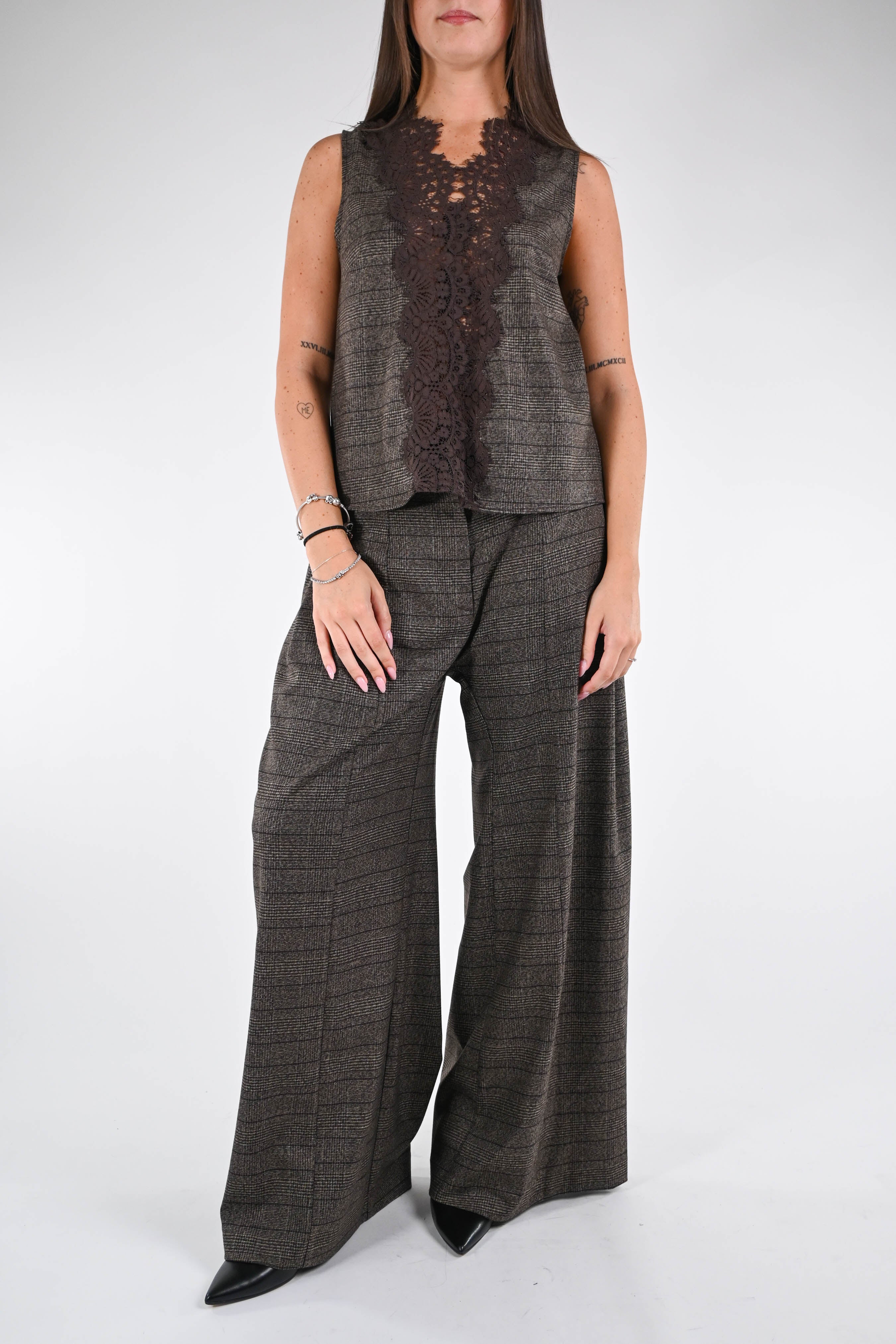 TENSIONE IN - PANTALONE CHECK A PALAZZO ART.37710 - MORO - Image 6