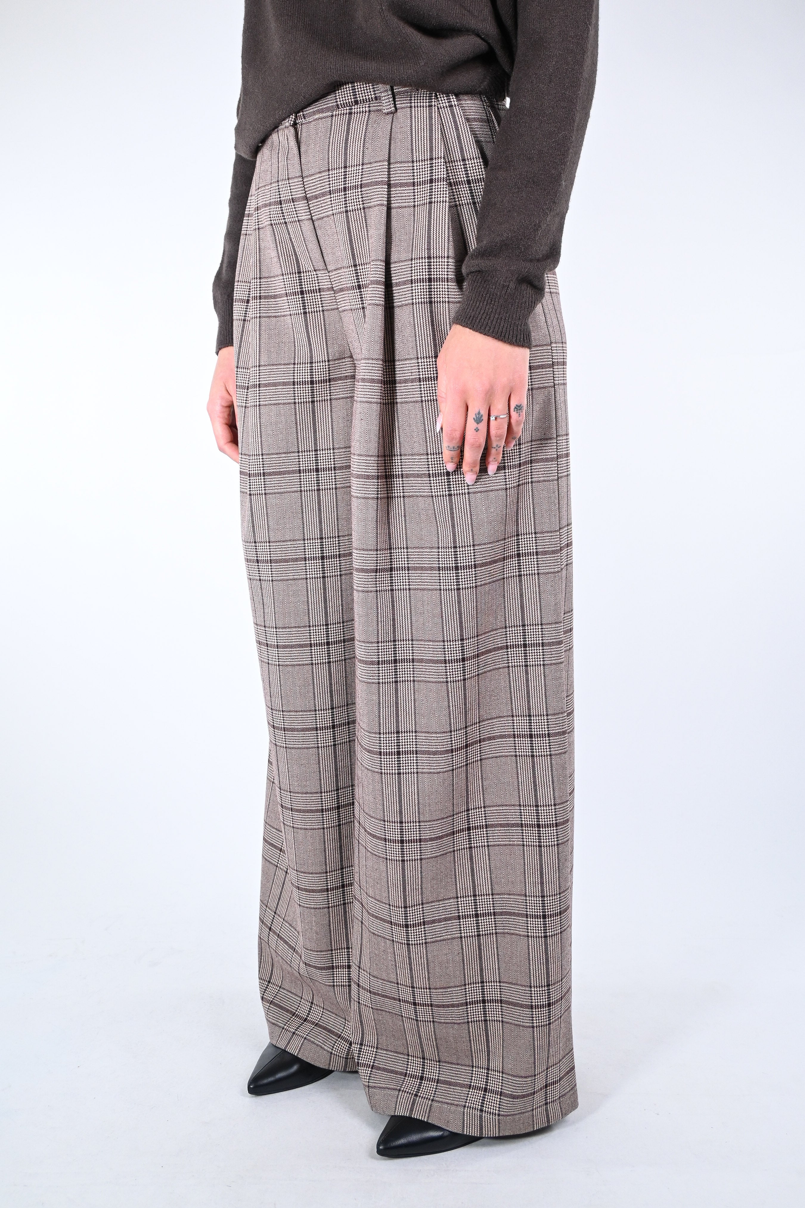TENSIONE IN - PANTALONE PALAZZO A QUADRI ART.26P1409 - BEIGE/MORO - Image 3